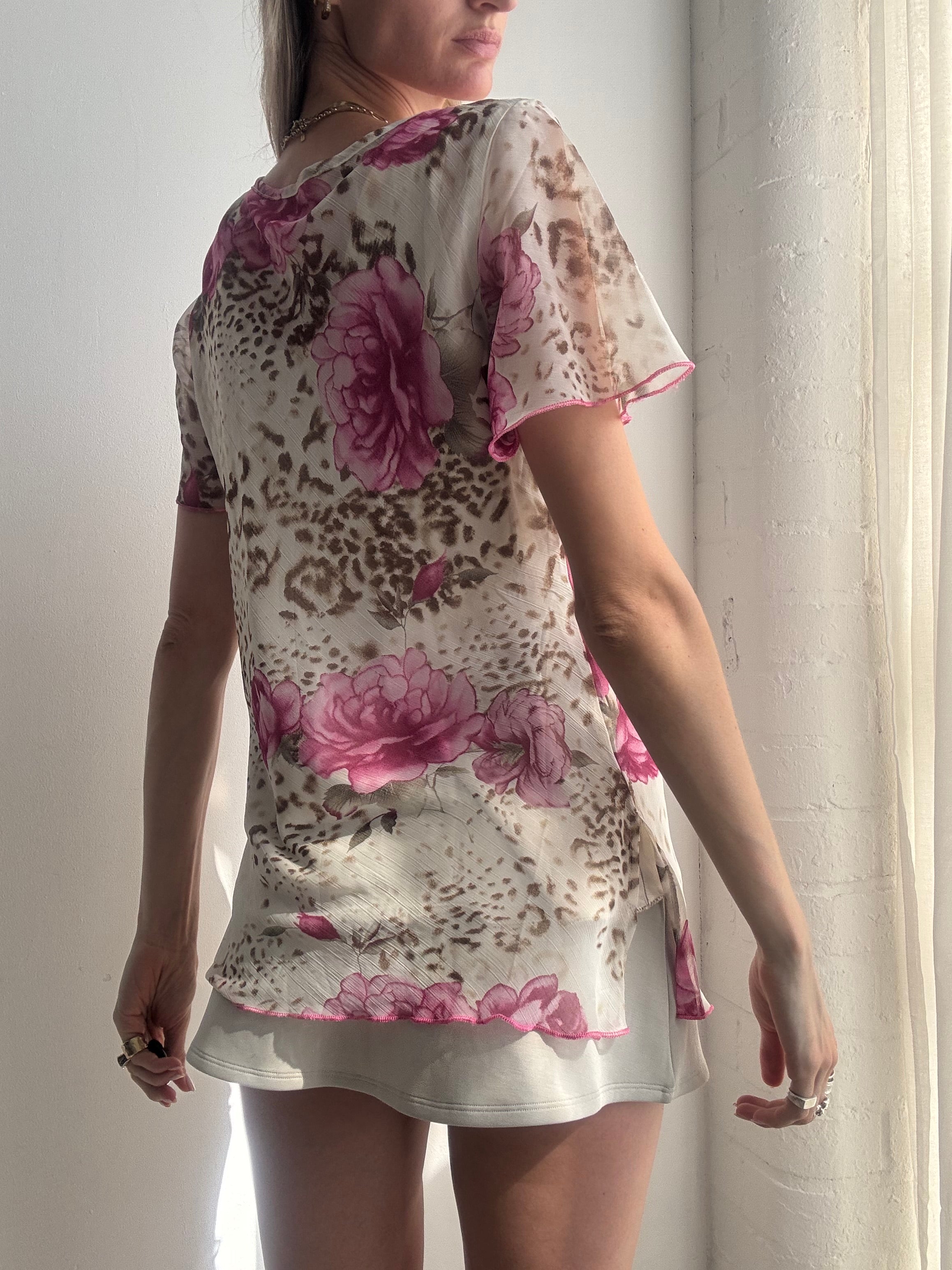 Vintage Y2K Floral Leopard Mesh Top Sequins - Size S/M
