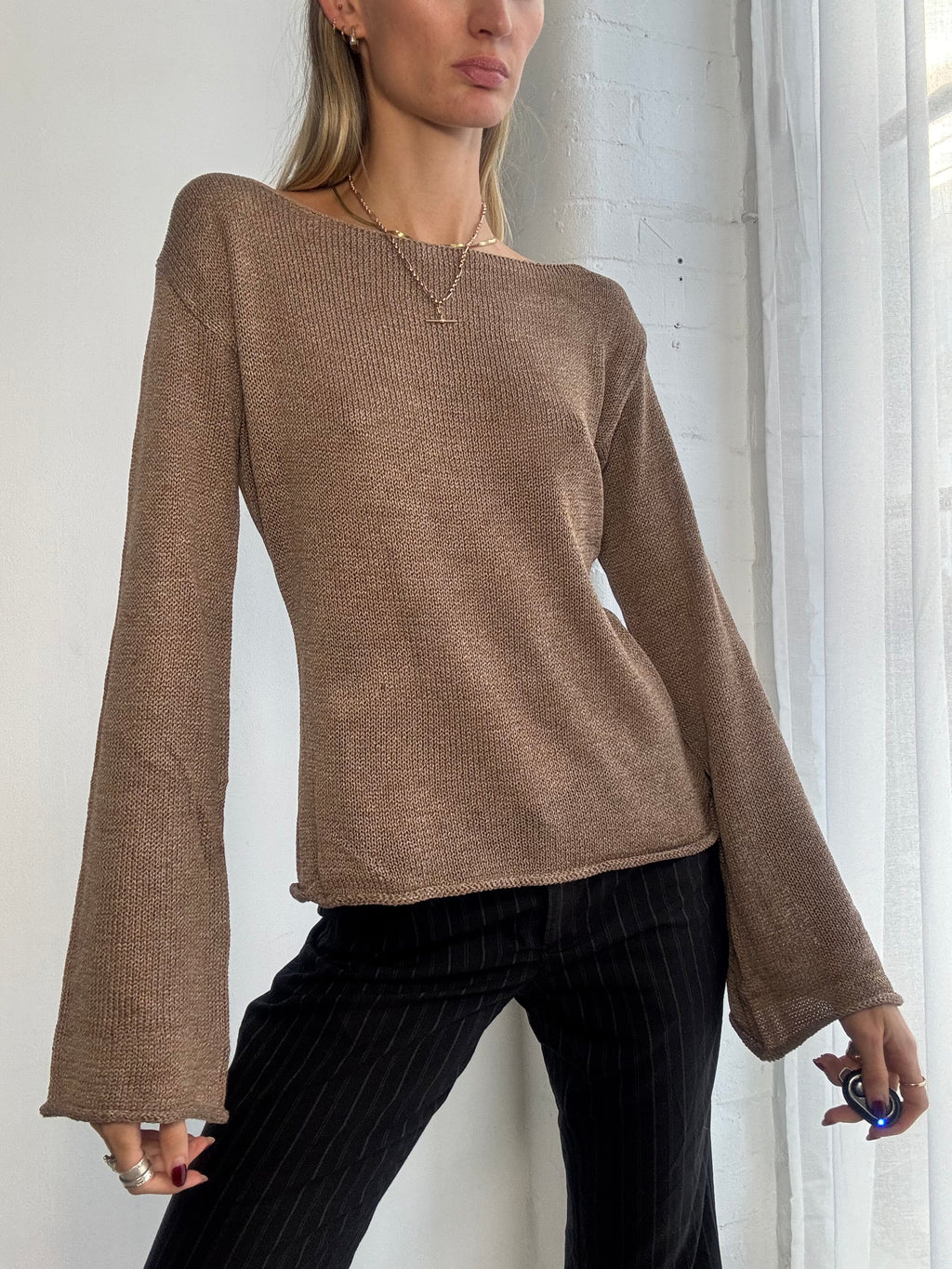 Vintage Y2K brown knitted jumper with bell sleeves