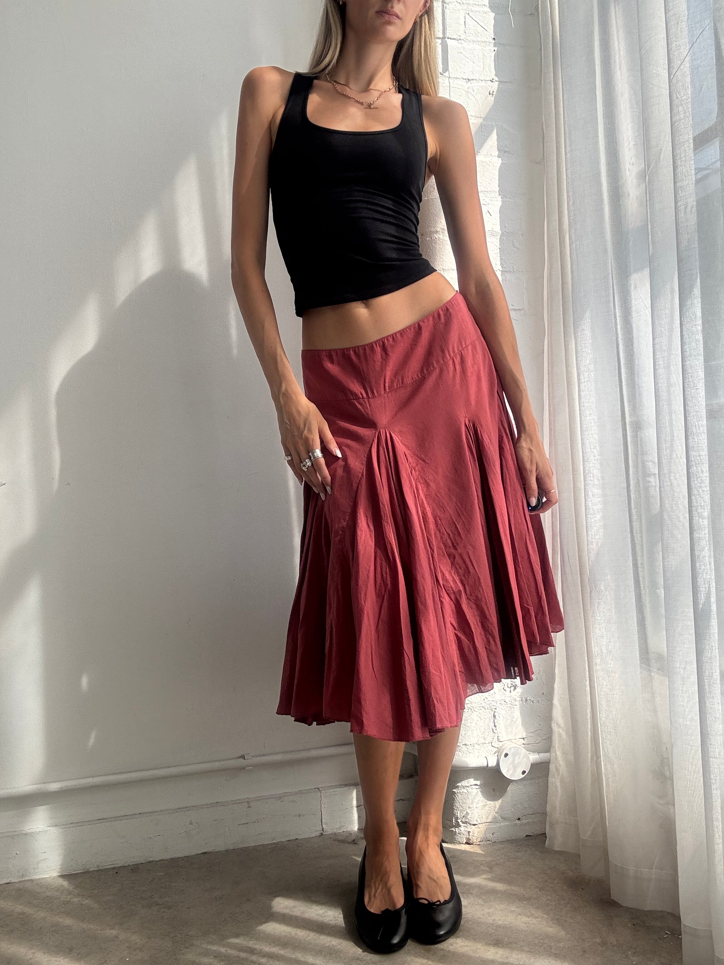 Vintage Y2K Burgundy Cotton Midi Skirt - Size M