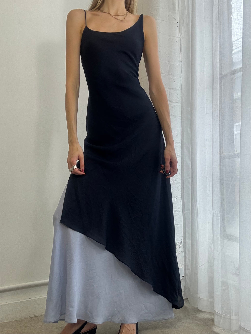 Vintage 90s Navy Blue One Shoulder Asymmetric Evening Dress