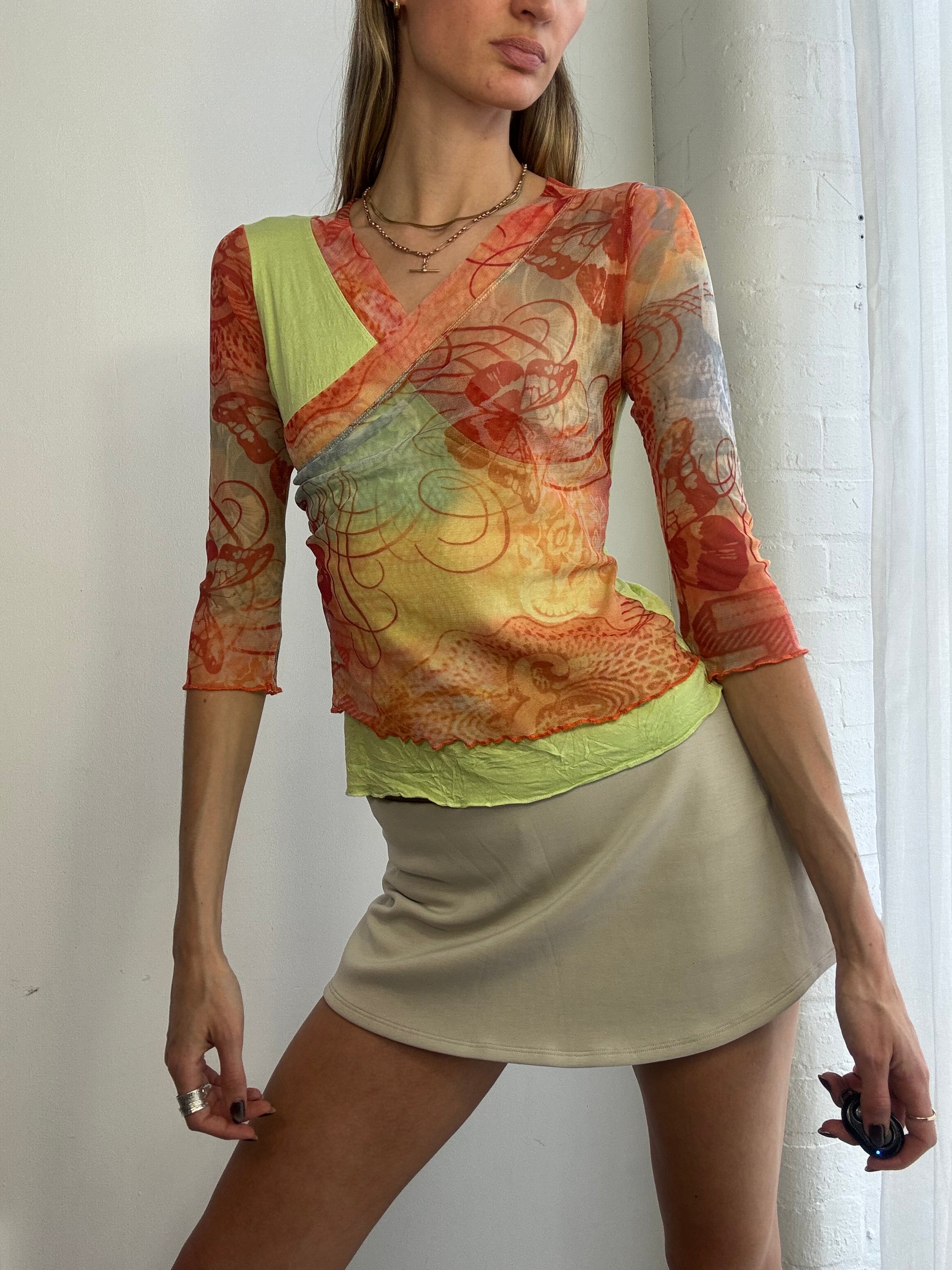 Vintage Y2K mesh abstract wrap top green - Size S