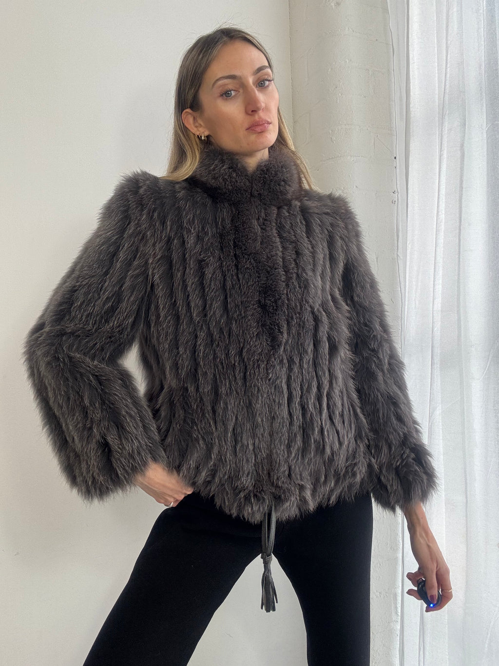 Vintage 90s plush grey fox fur coat