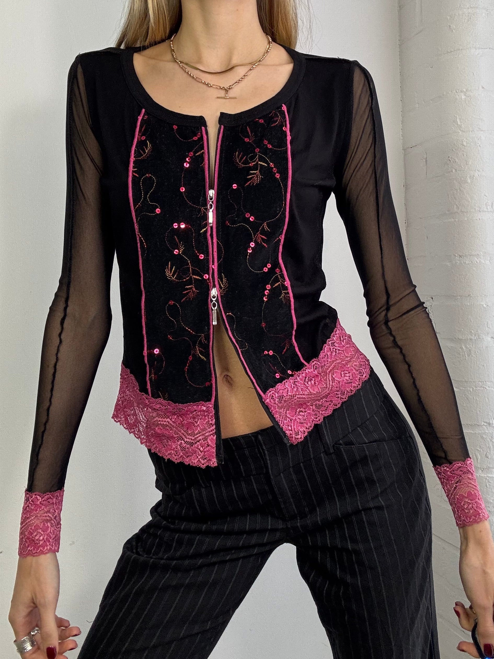 Vintage Y2K sheer mesh top with dual zip front and lace trim