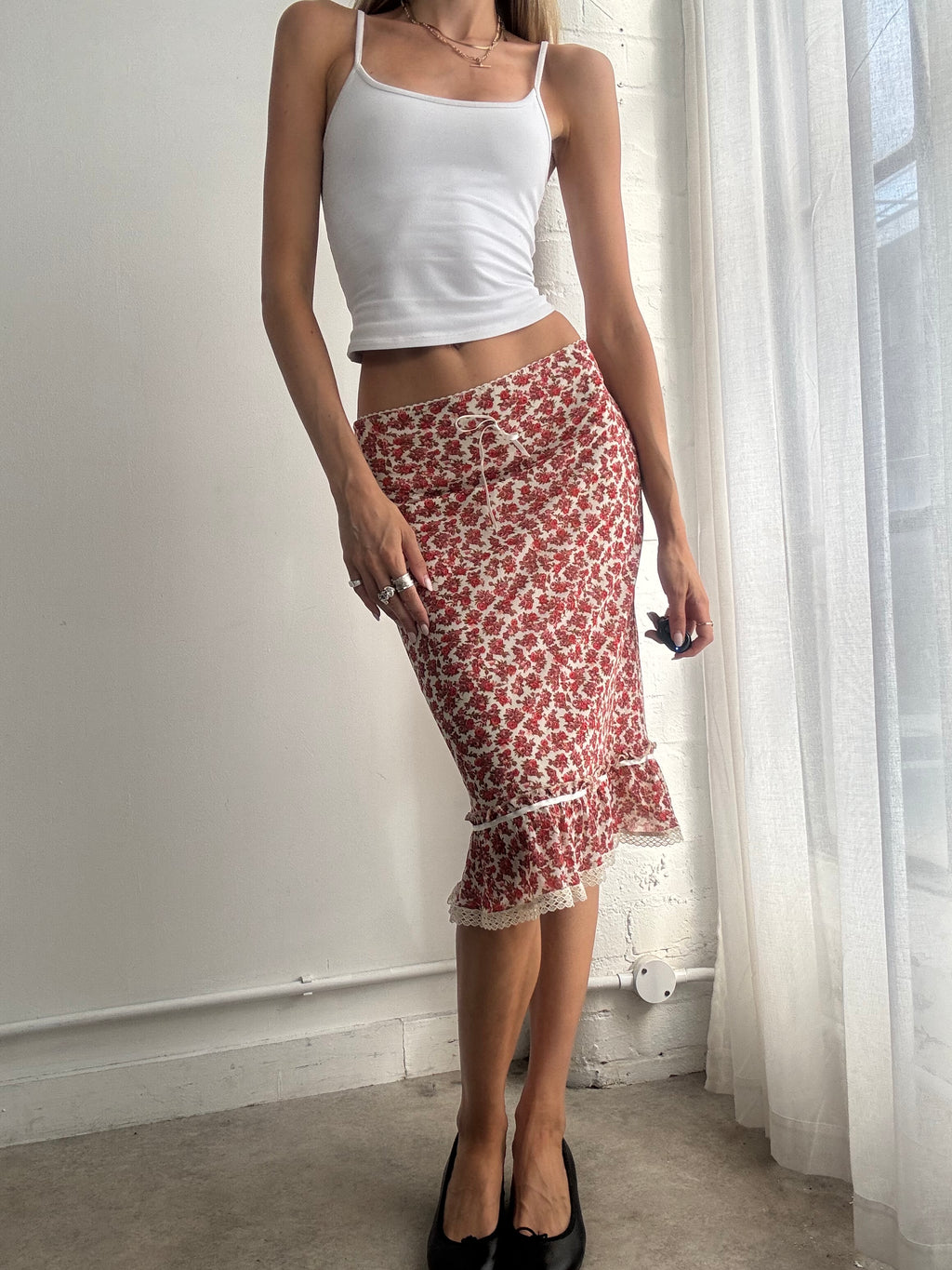 Vintage Y2K Floral Ruffle Hem Midi Skirt - Size M