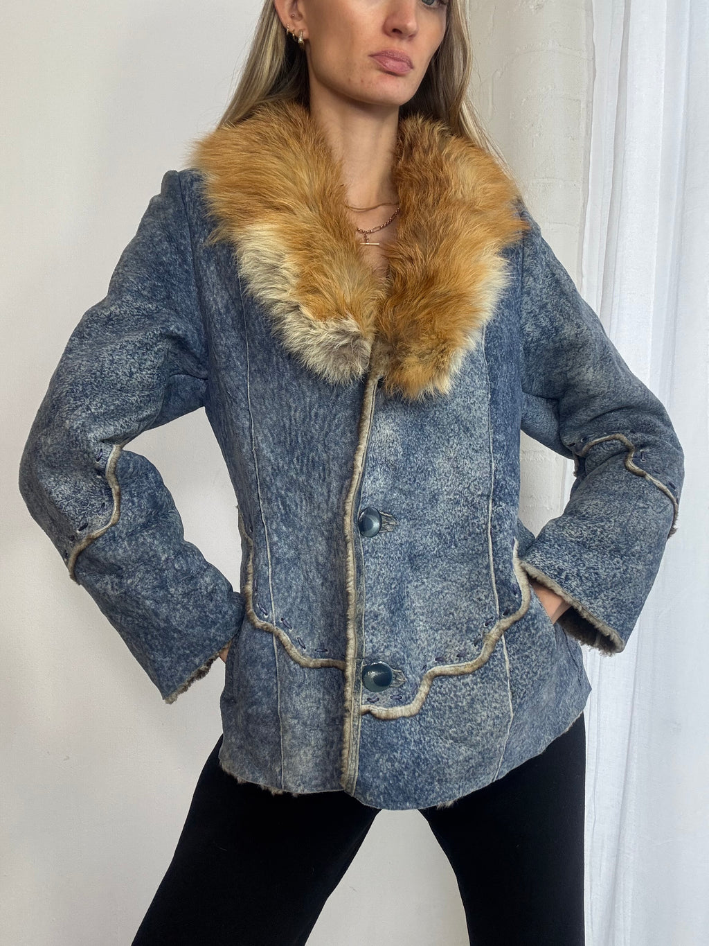 Vintage Y2K blue suede jacket fox fur trim