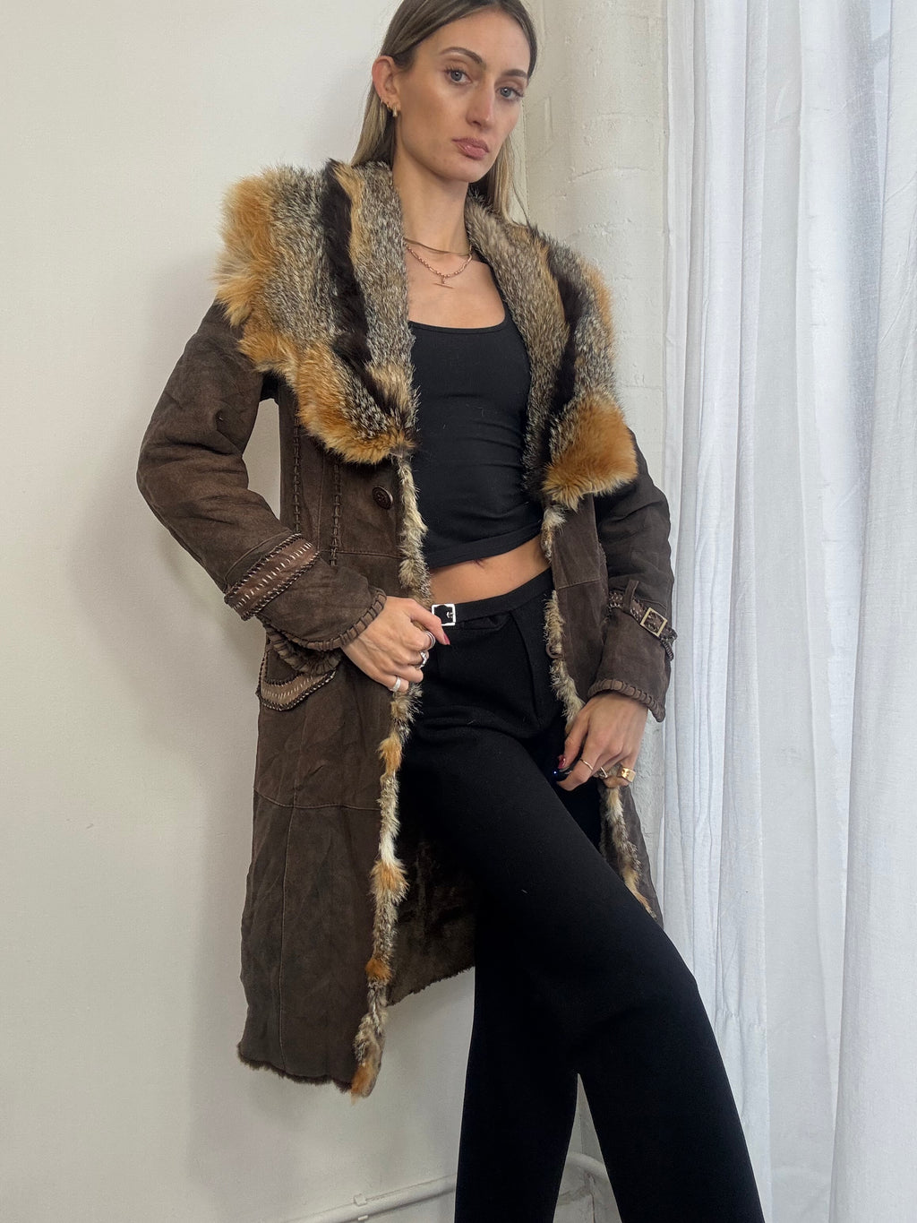 Vintage Y2K brown suede & fur trim coat