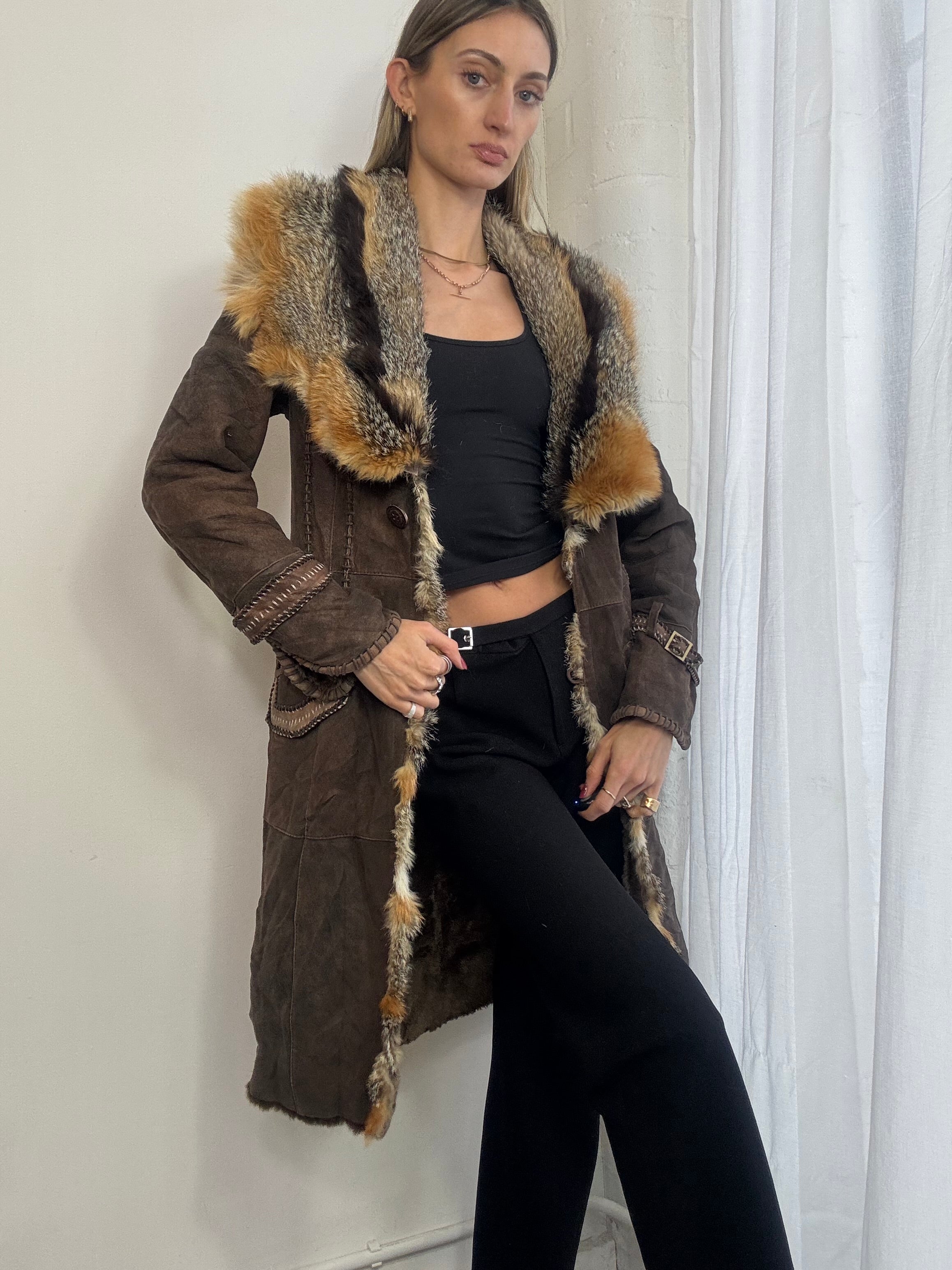 Vintage Y2K brown suede & fur trim coat