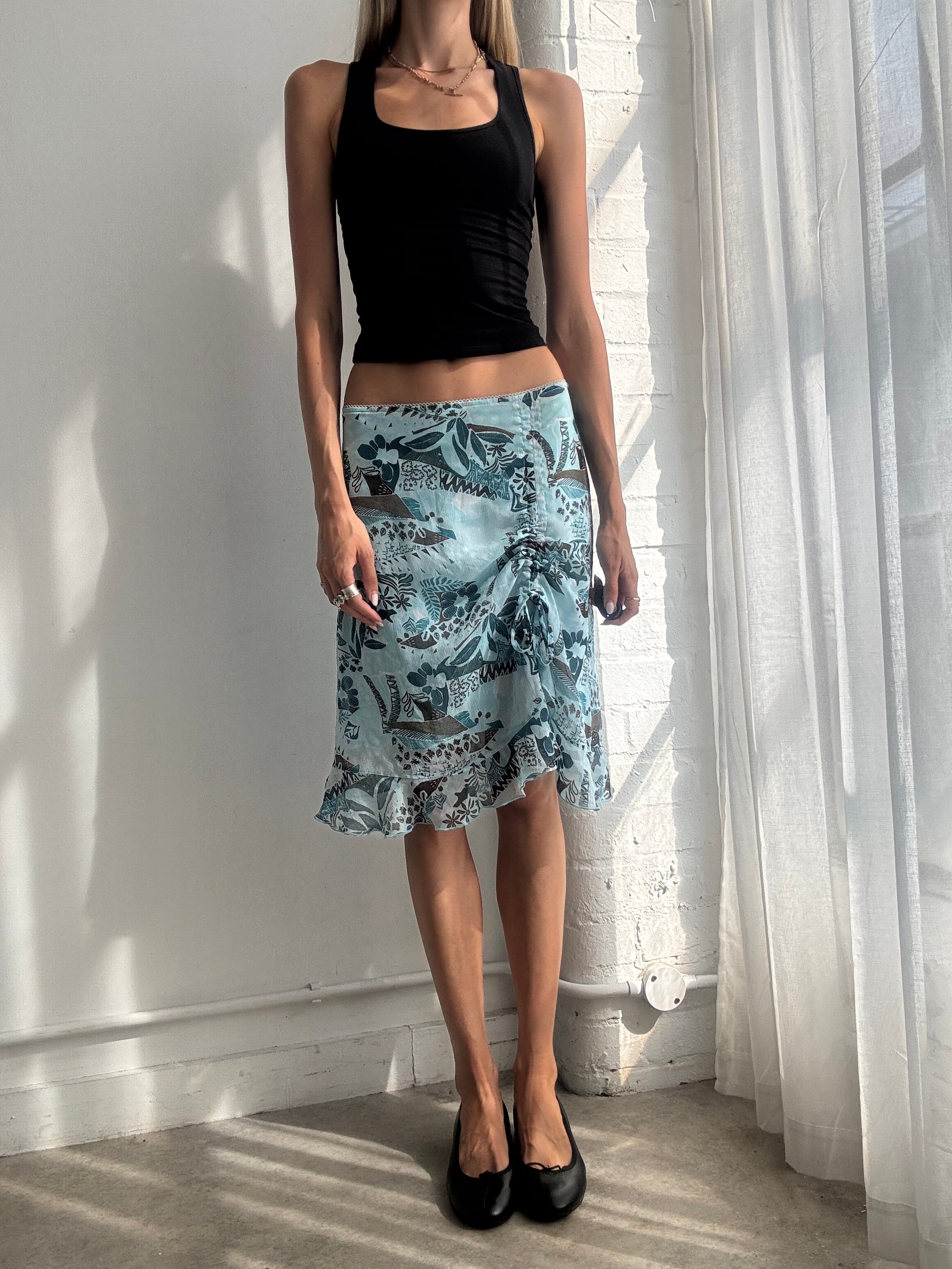 Vintage Y2K Blue Floral Asymmetric Mesh Midi Skirt - Size M/L