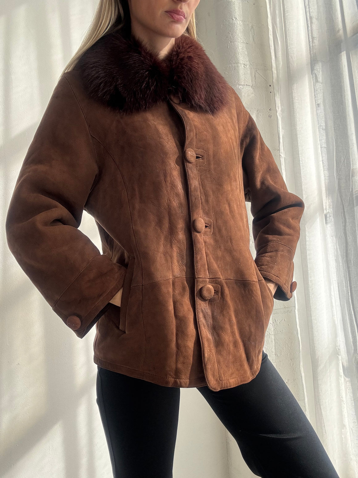 Vintage Y2K Brown Suede Jacket with Fox Fur Collar - Size S