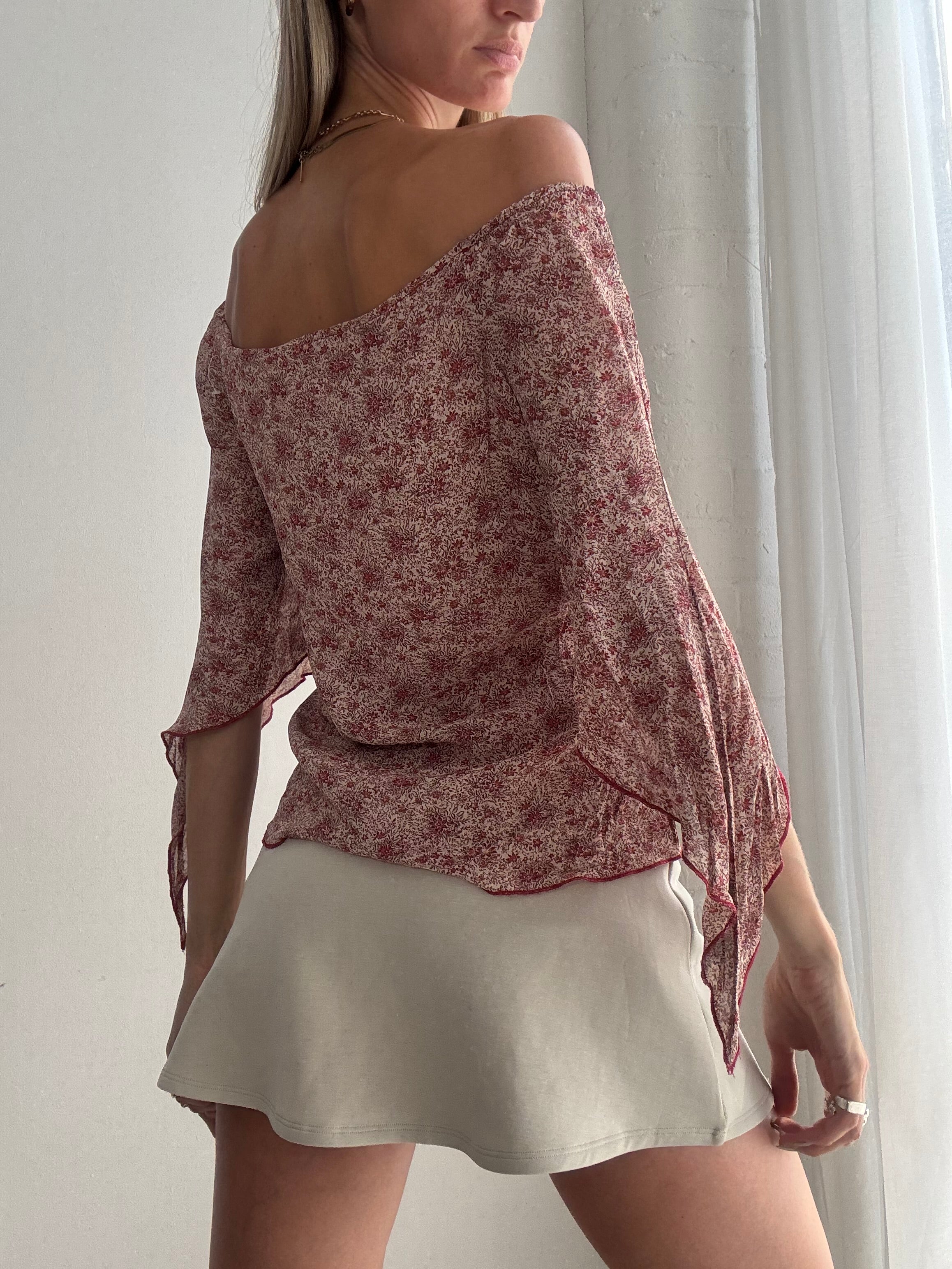 Vintage Y2K Red Floral Off Shoulder Top – Sheer Boho Bell Sleeve Blouse - Size M