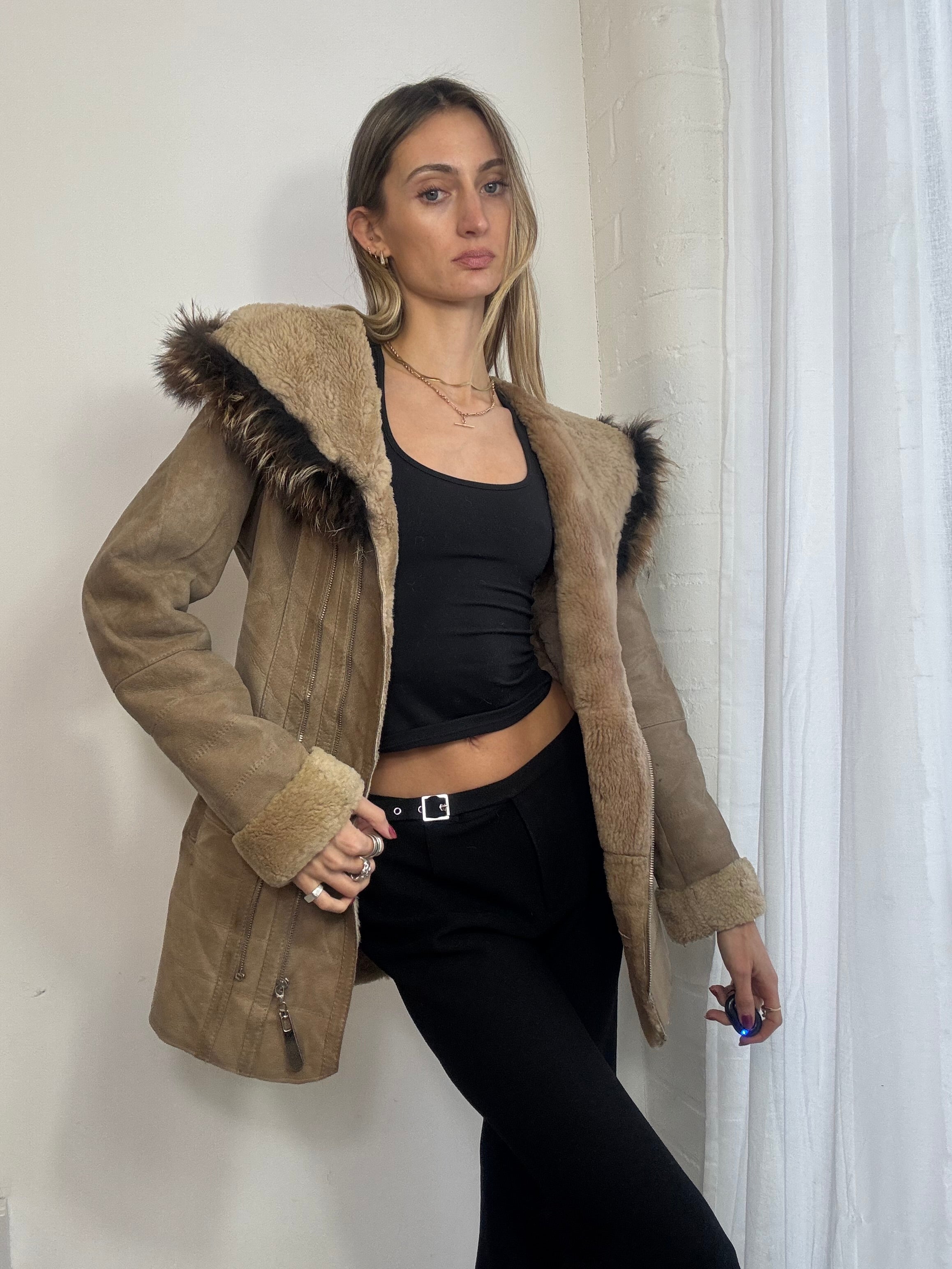 Vintage Y2K brown suede zip up hooded coat fur trim