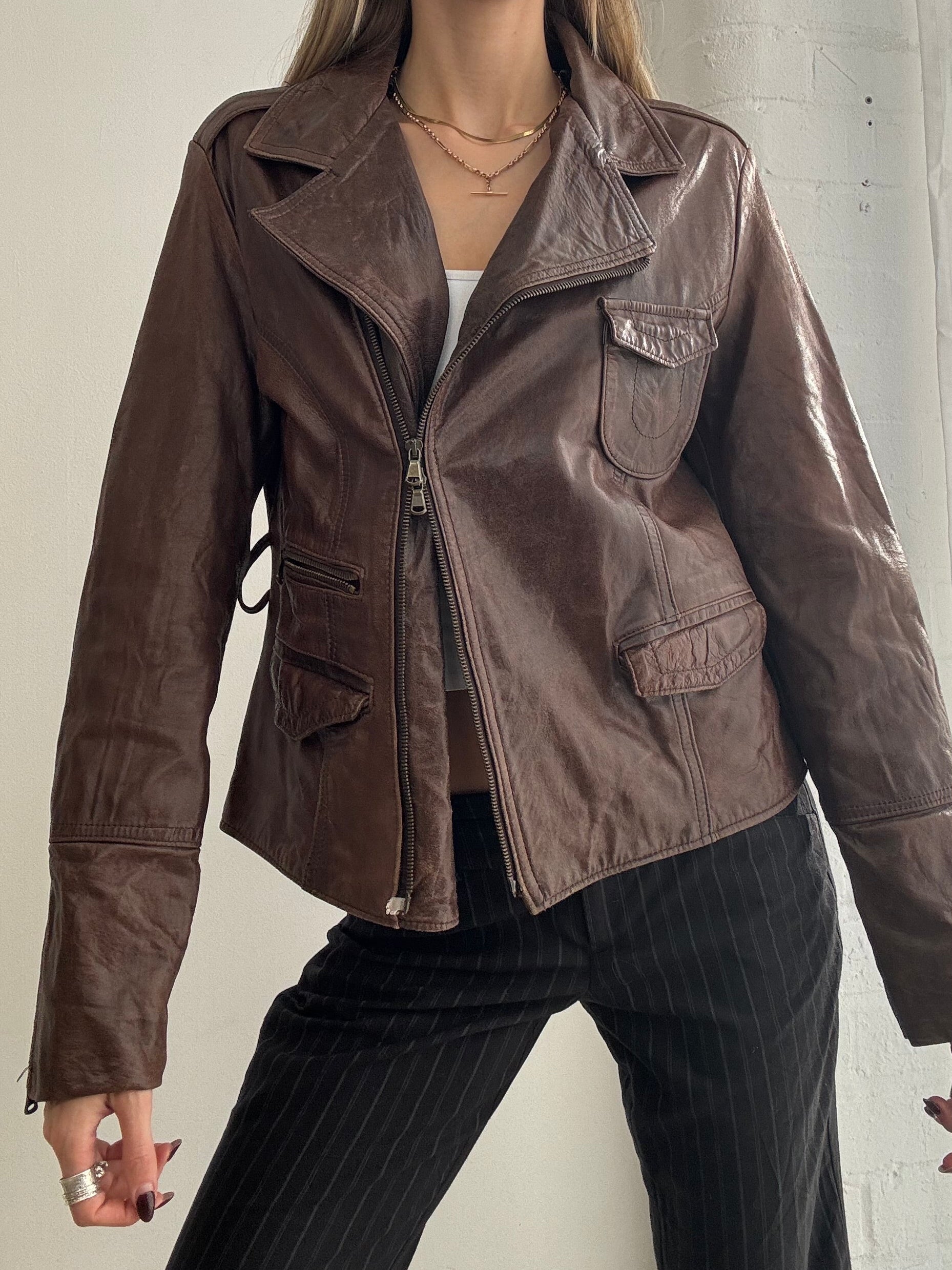 Vintage Y2K brown leather asymmetric biker jacket