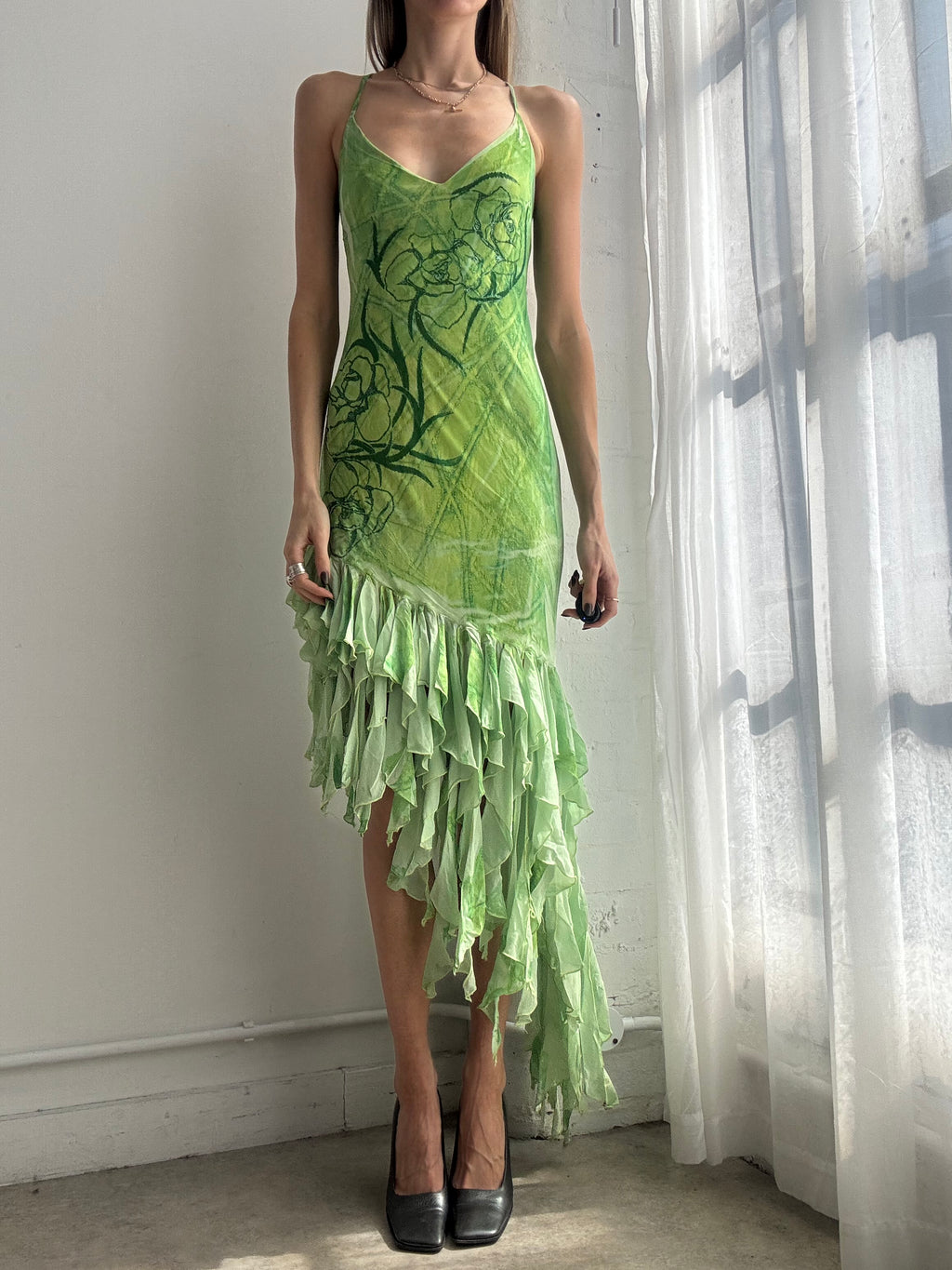 Vintage Y2K lime green ruffle asymmetrical dress - Size S