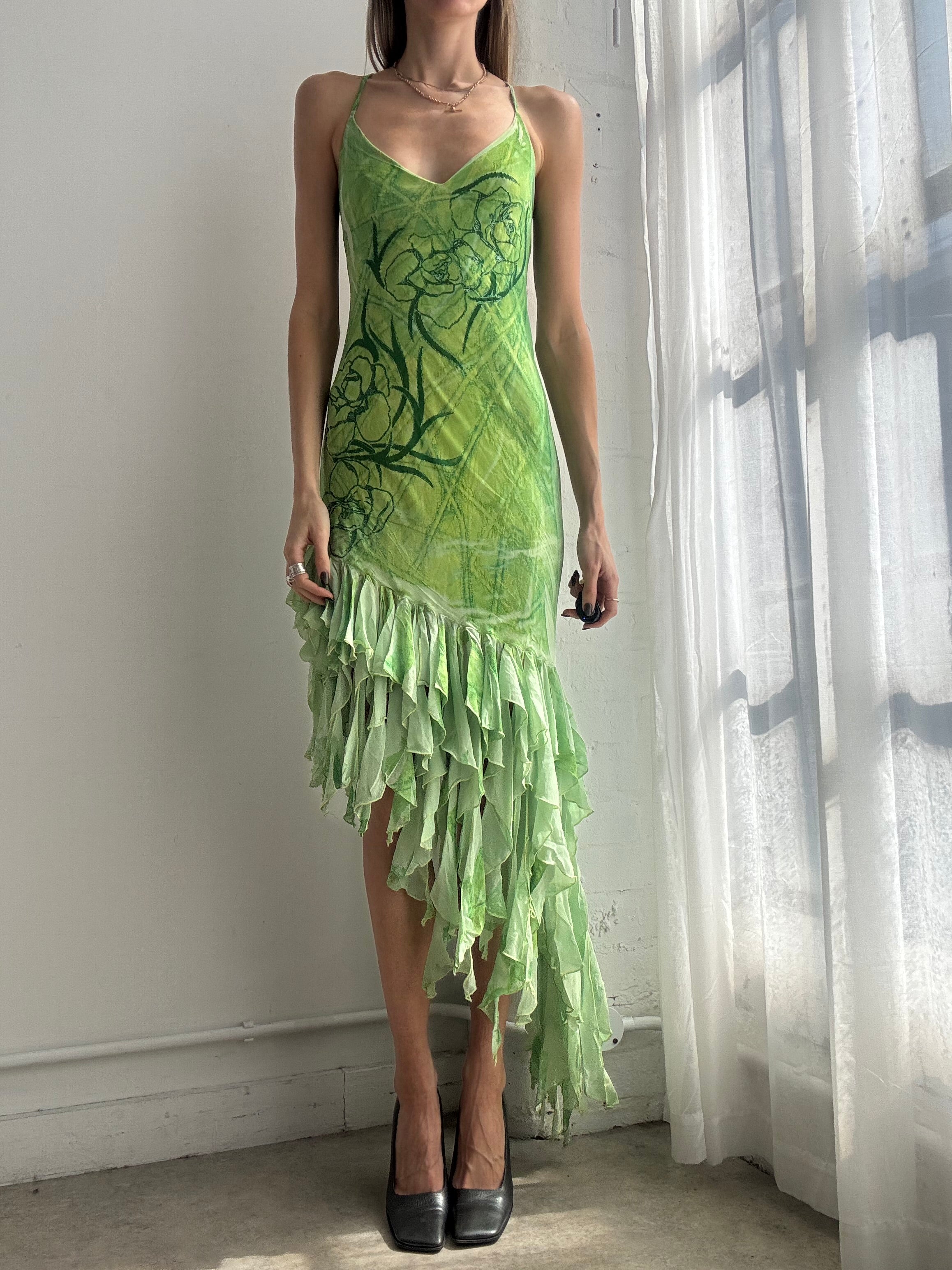 Vintage Y2K lime green ruffle asymmetrical dress - Size S