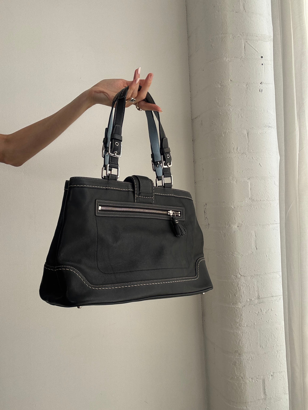 Vintage Y2K Coach Leather Shoulder Bag – Black Leather & Monogram Stripe Tote