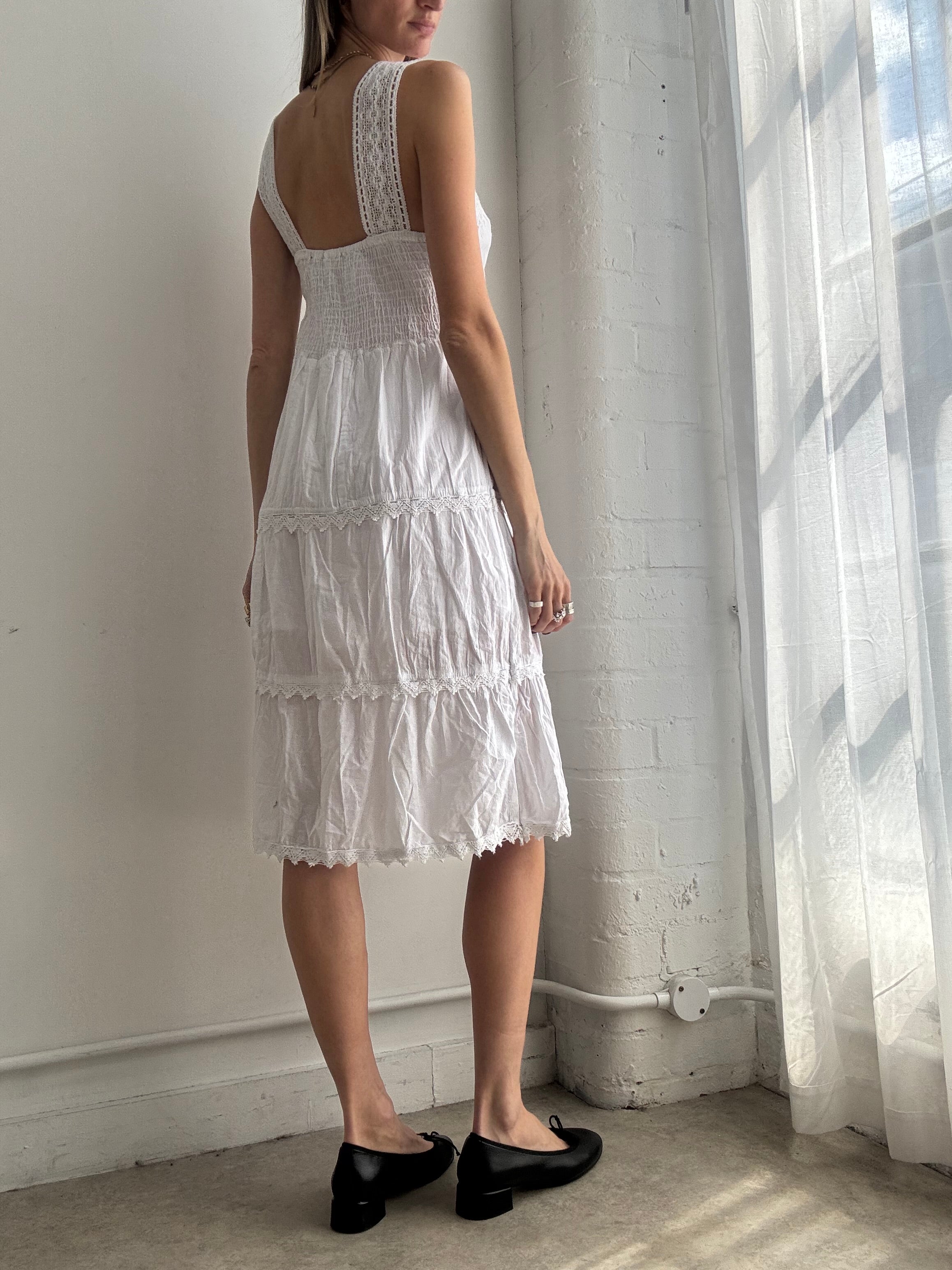Vintage Y2K white cotton lace trim midi dress - Size S/M
