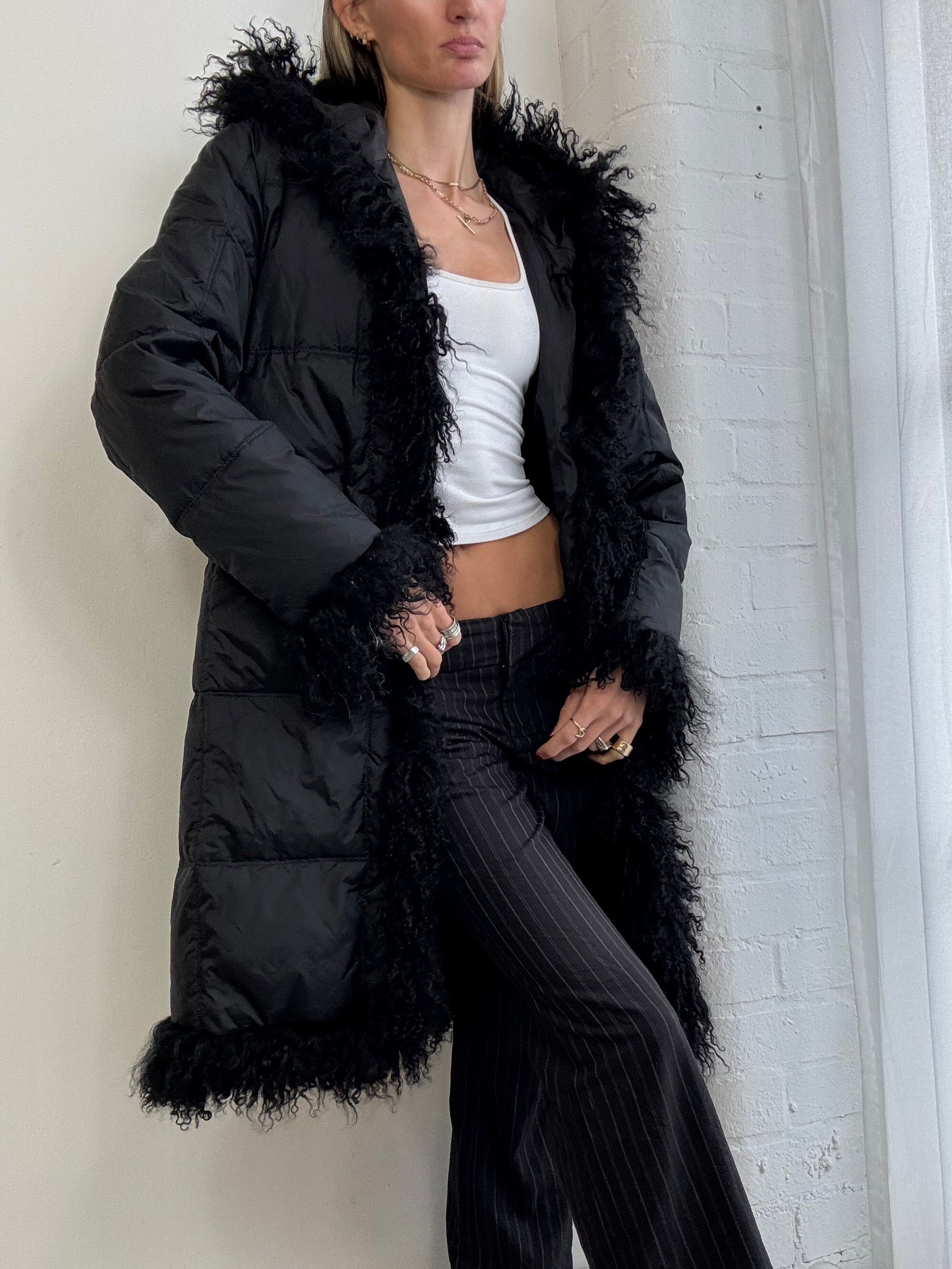 Vintage Y2K Mongolian fur trim hooded puffer coat