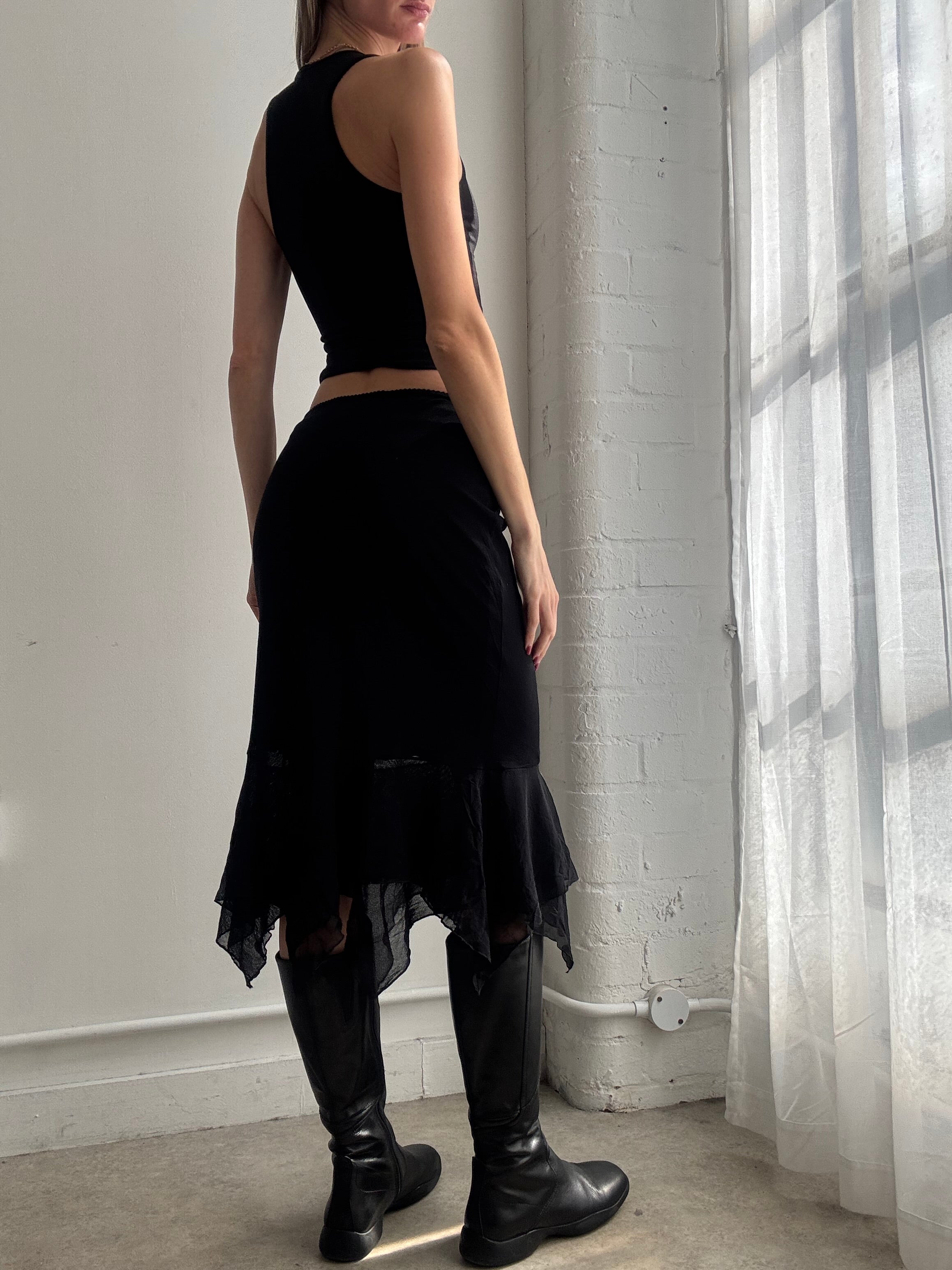 Vintage Y2k black mesh asymmetric midi skirt