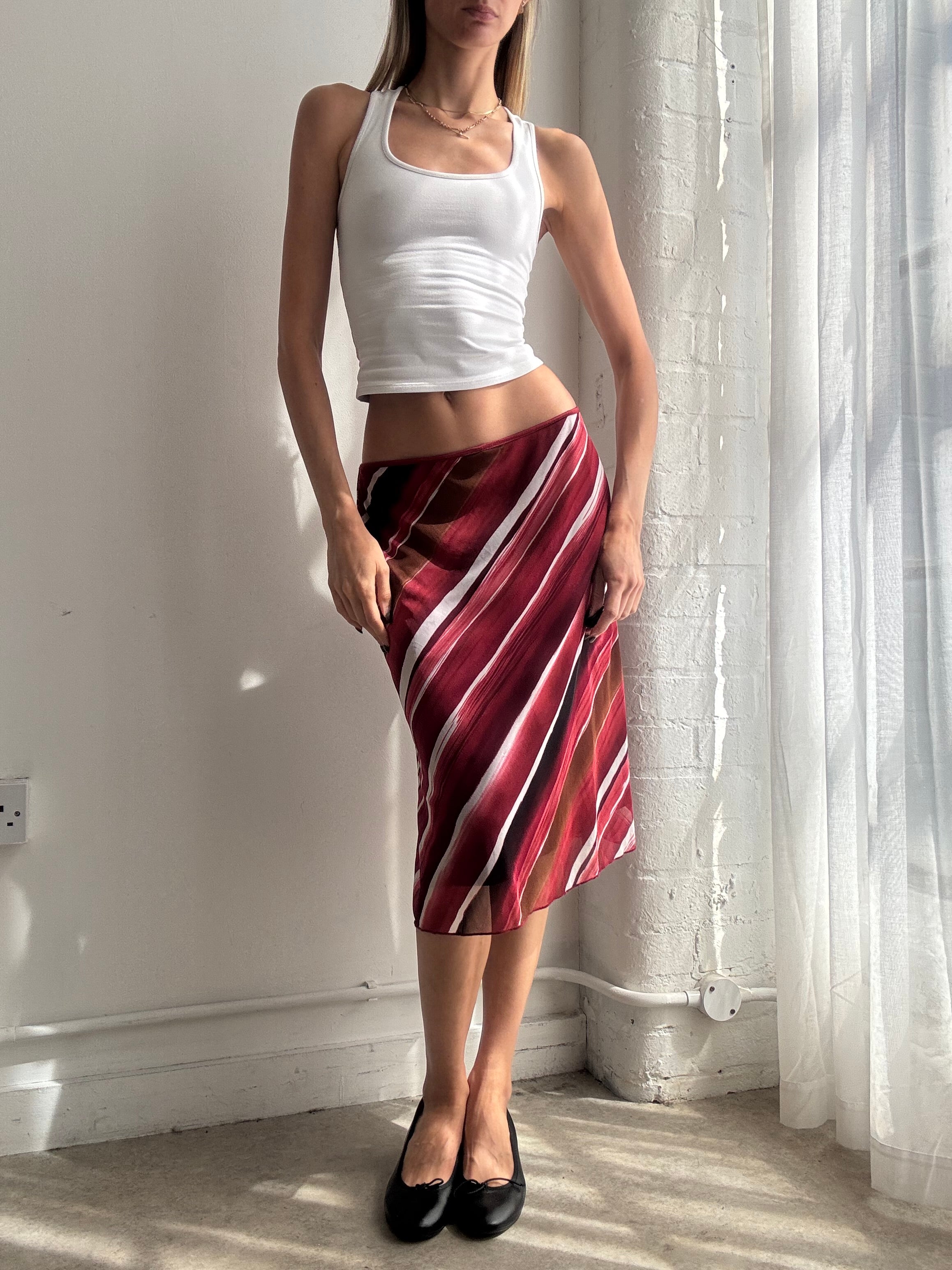Vintage Y2K burgundy striped mesh midi skirt - Size S/M