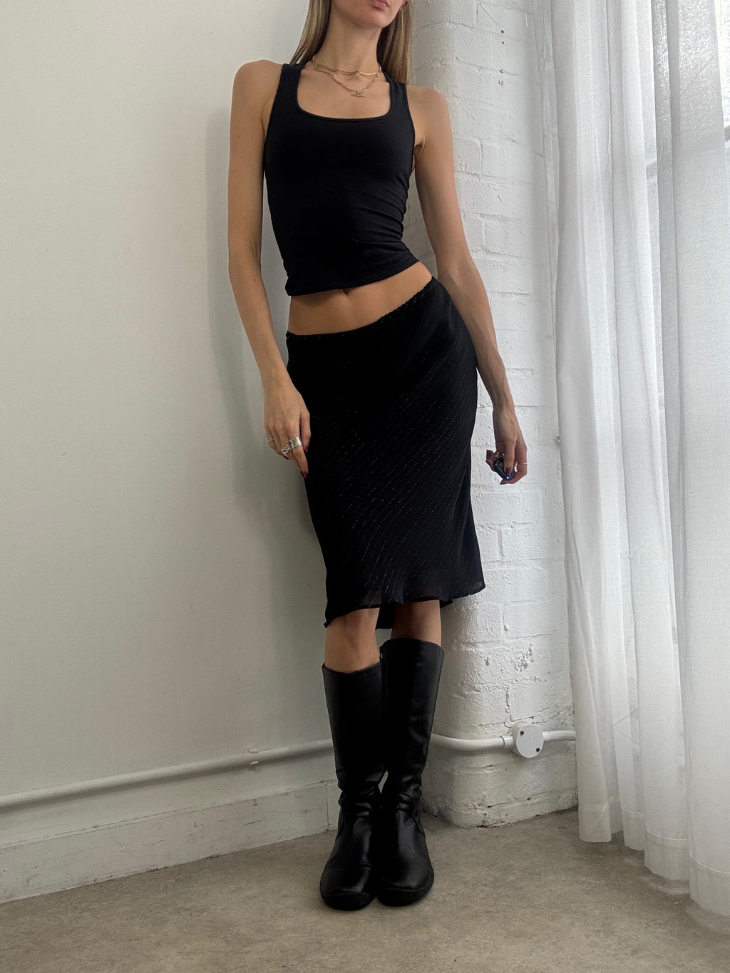 Vintage Y2K black pinstripe mesh midi skirt