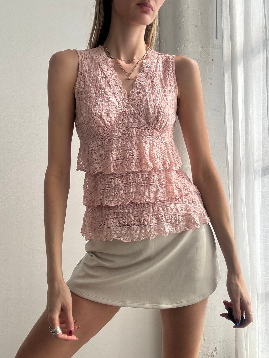 Vintage Y2K pink lace ruffle tiered top