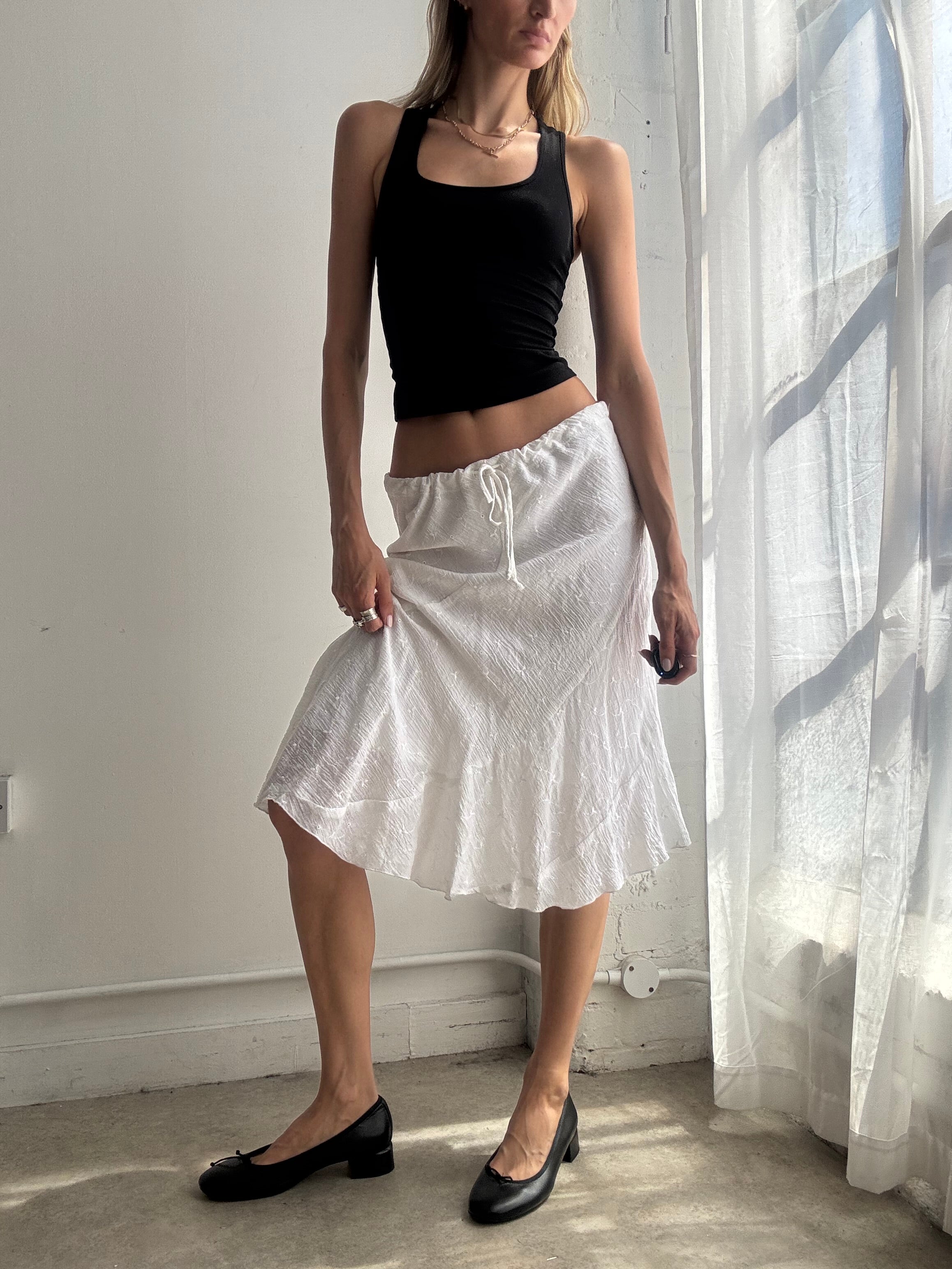 Vintage White Broderie Anglaise Embroidered Midi Skirt Y2K - Size M/L