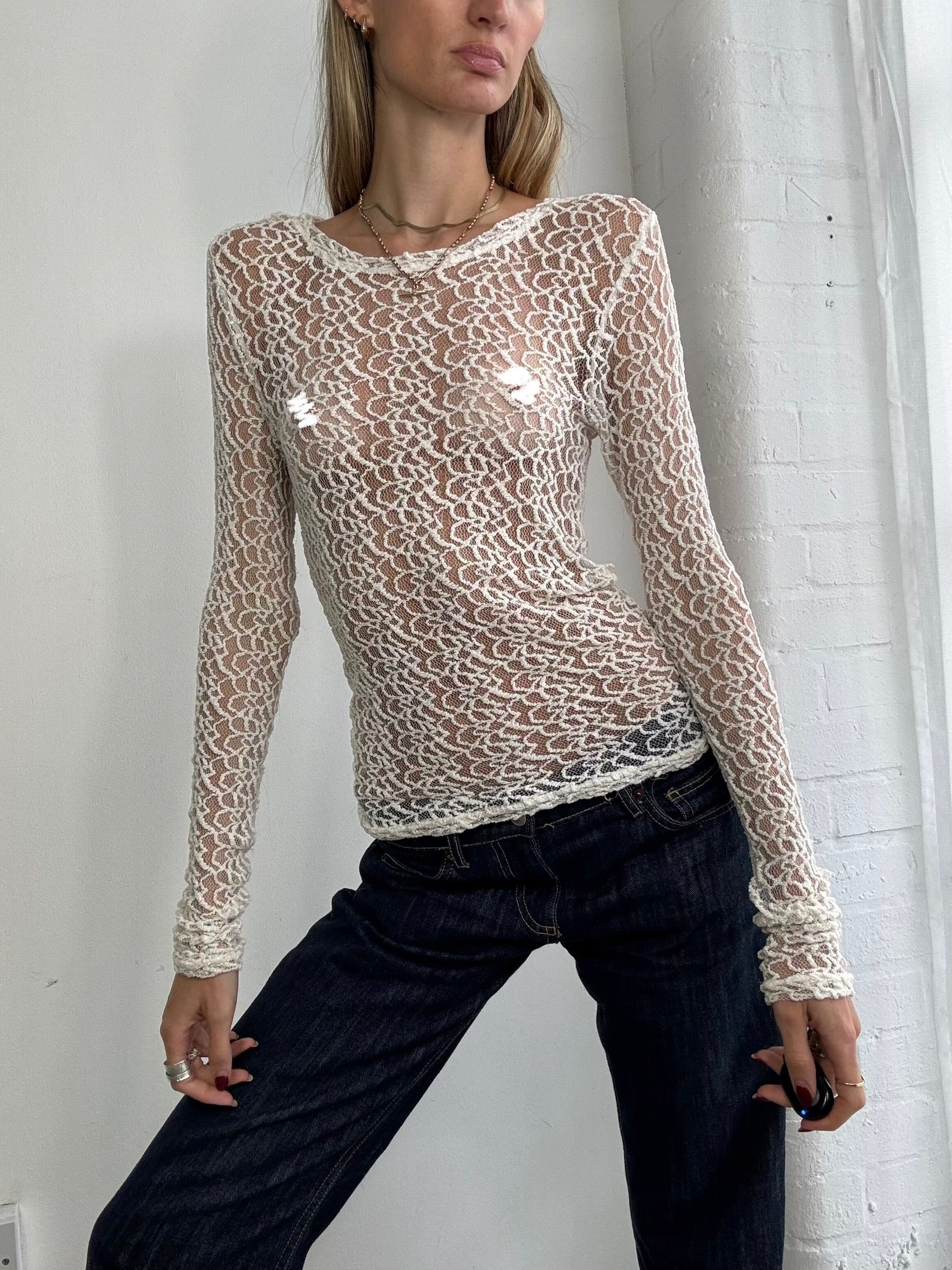 Vintage Y2K sheer lace long sleeve top white
