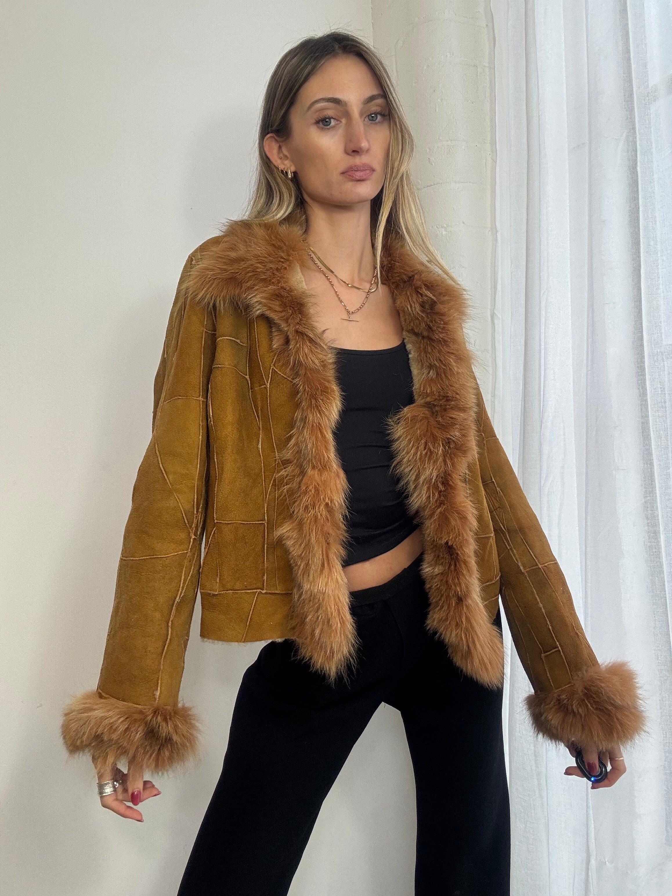 Vintage Y2K patchwork suede Afghan fur trim coat