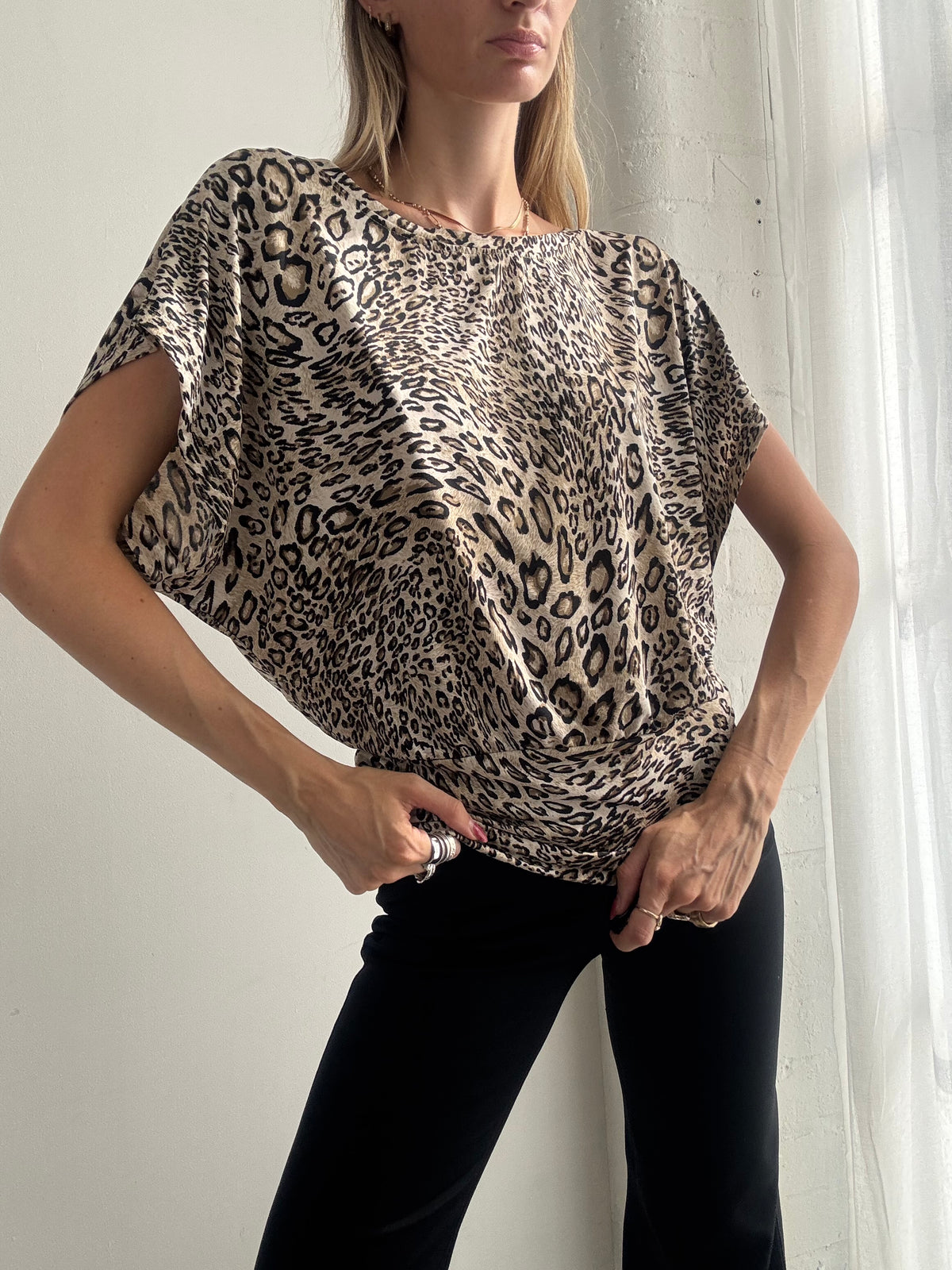 Vintage Y2K Leopard Print Slouchy Batwing Top - Size M