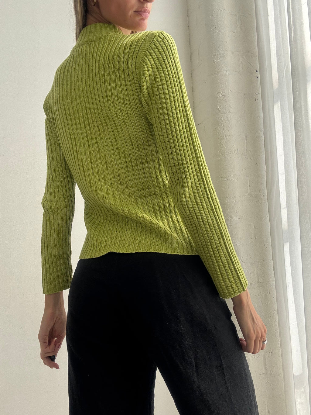 Vintage Y2K Lime Green Ribbed Knit Cardigan - Size S/M