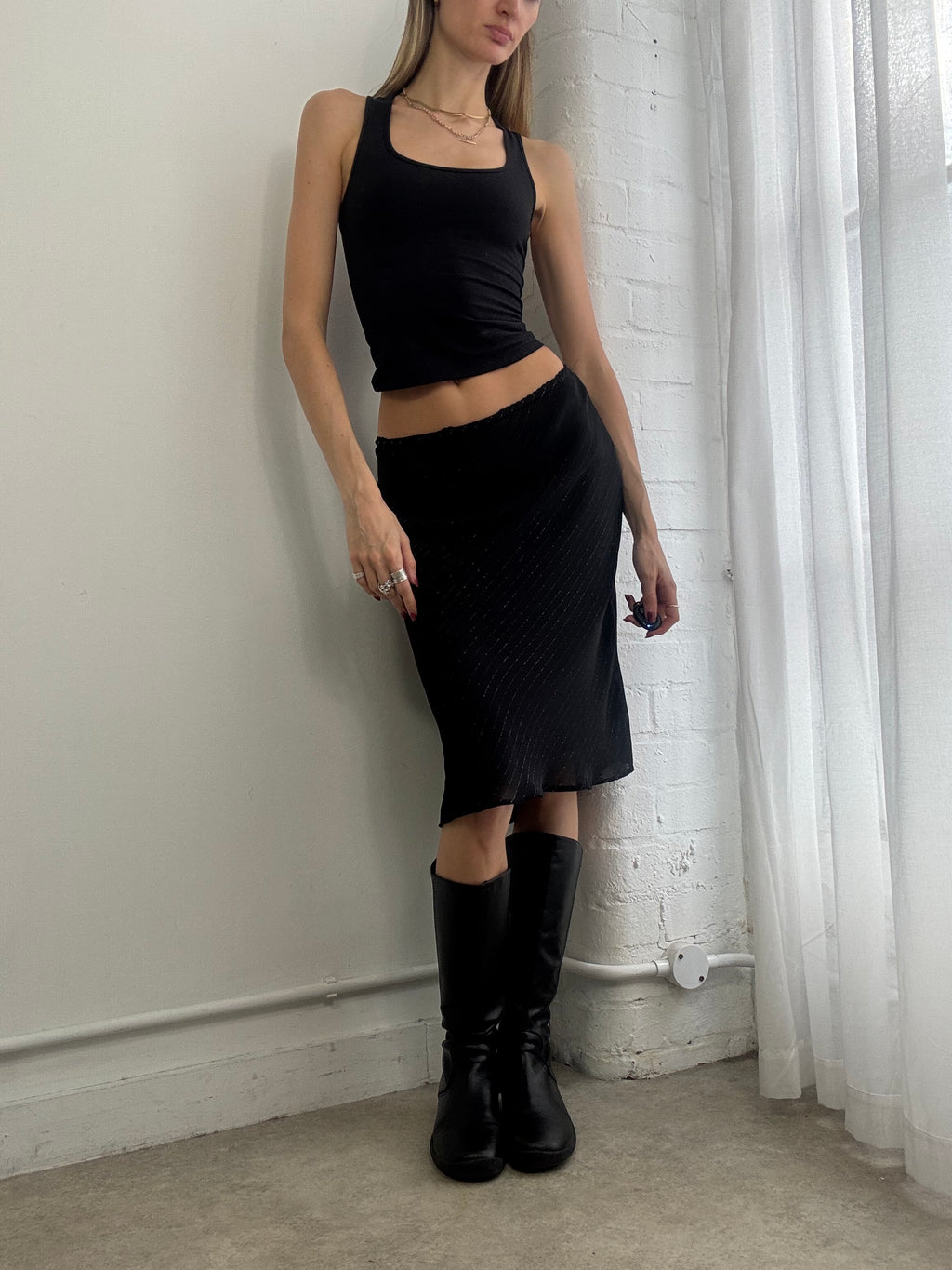 Vintage Y2K black pinstripe mesh midi skirt