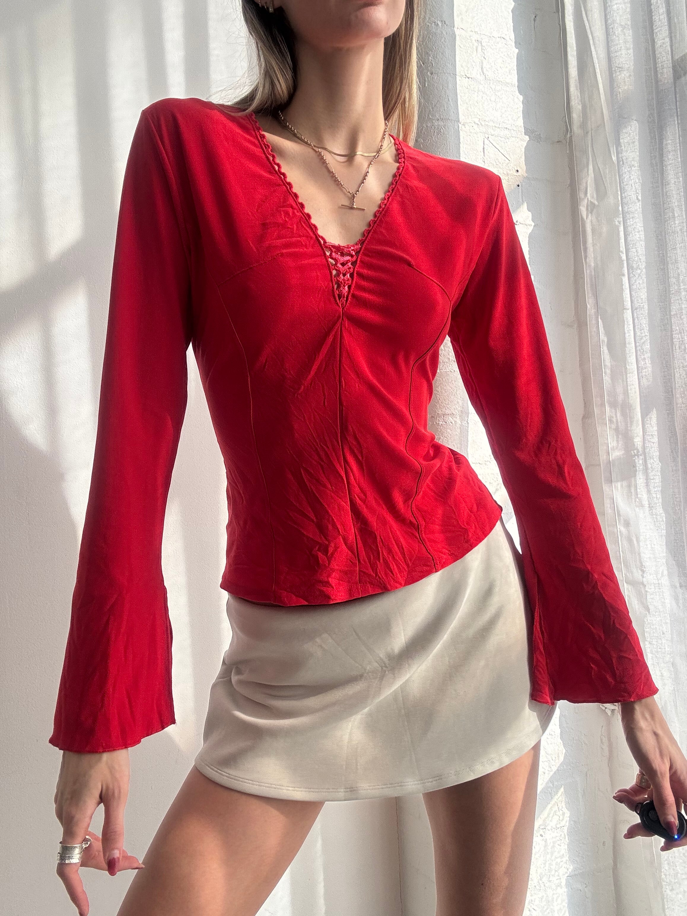 Vintage Y2K red mesh flare sleeve top