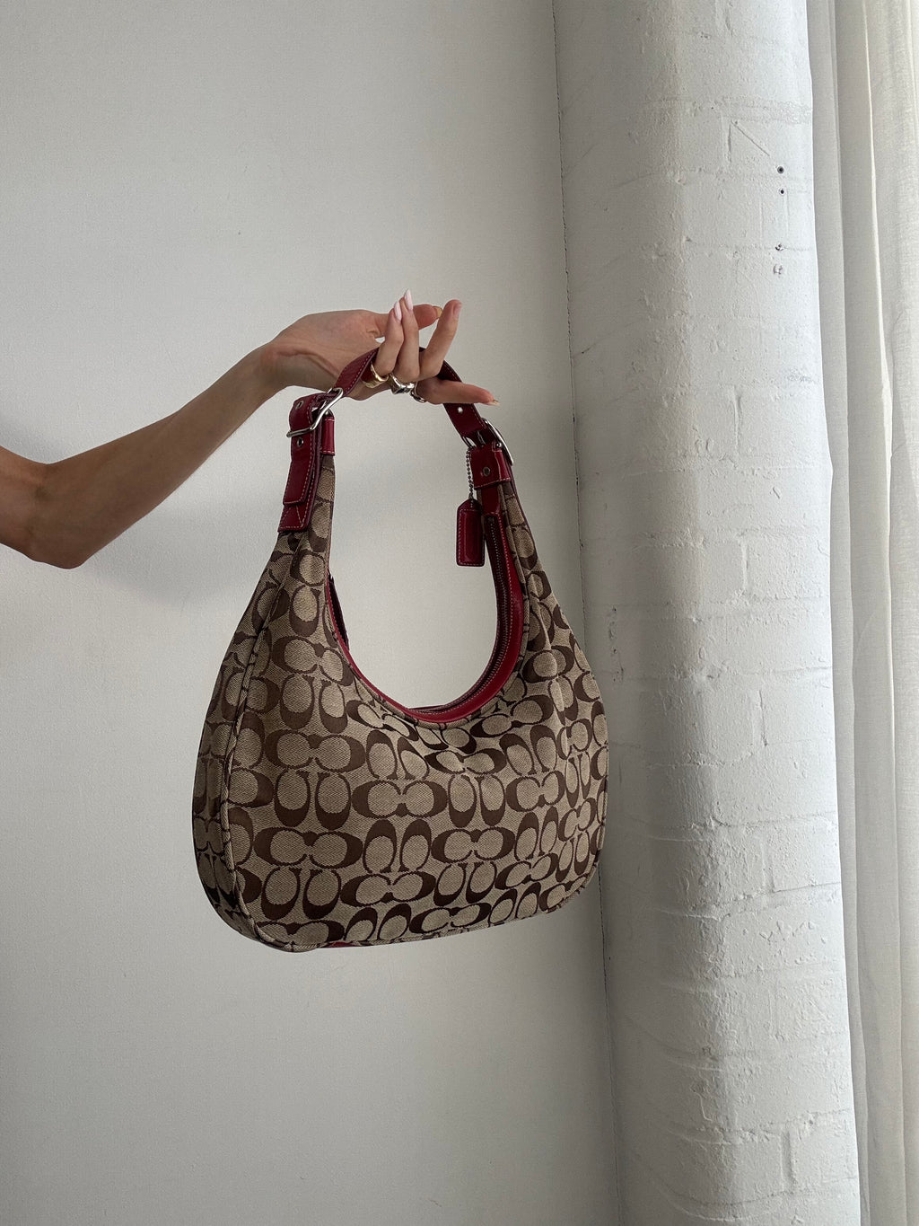 Vintage Y2K Coach Signature Soho Hobo Bag – Brown Monogram Canvas & Red Leather Trim
