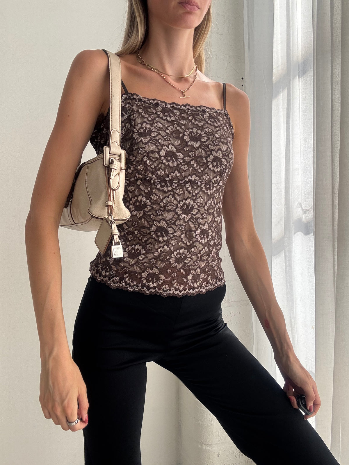 Vintage Y2K Brown Lace Cami Top - Size L