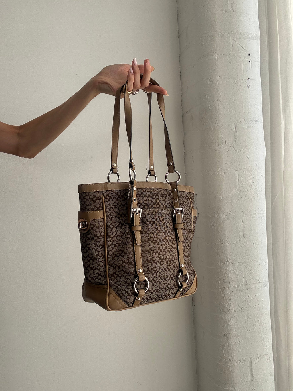 Vintage Y2K Coach Signature Tote Bag – Brown Monogram Canvas Leather Shoulder Bag