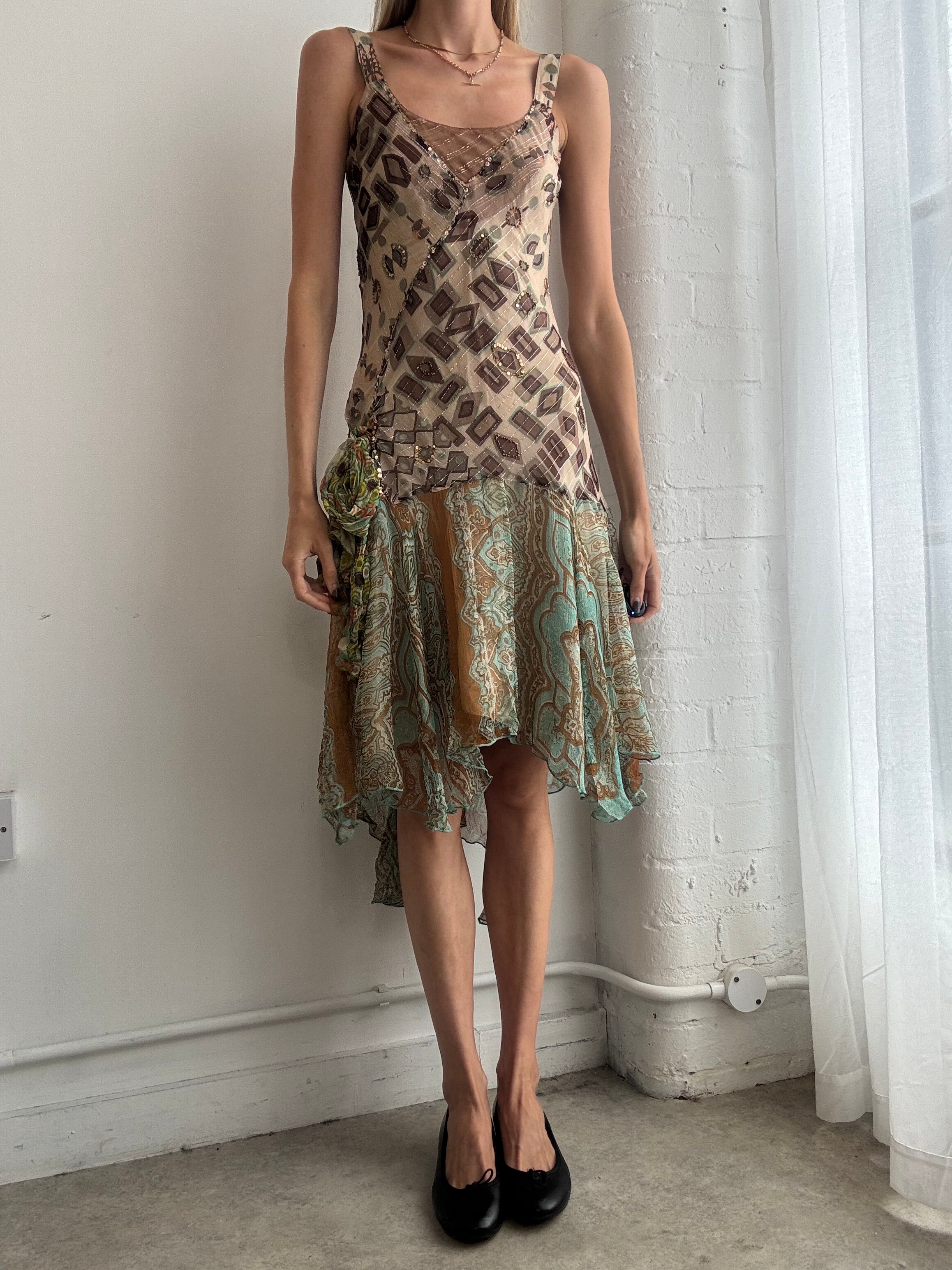 Vintage Y2K Rene Derhy embellished handkerchief hem dress - Size M