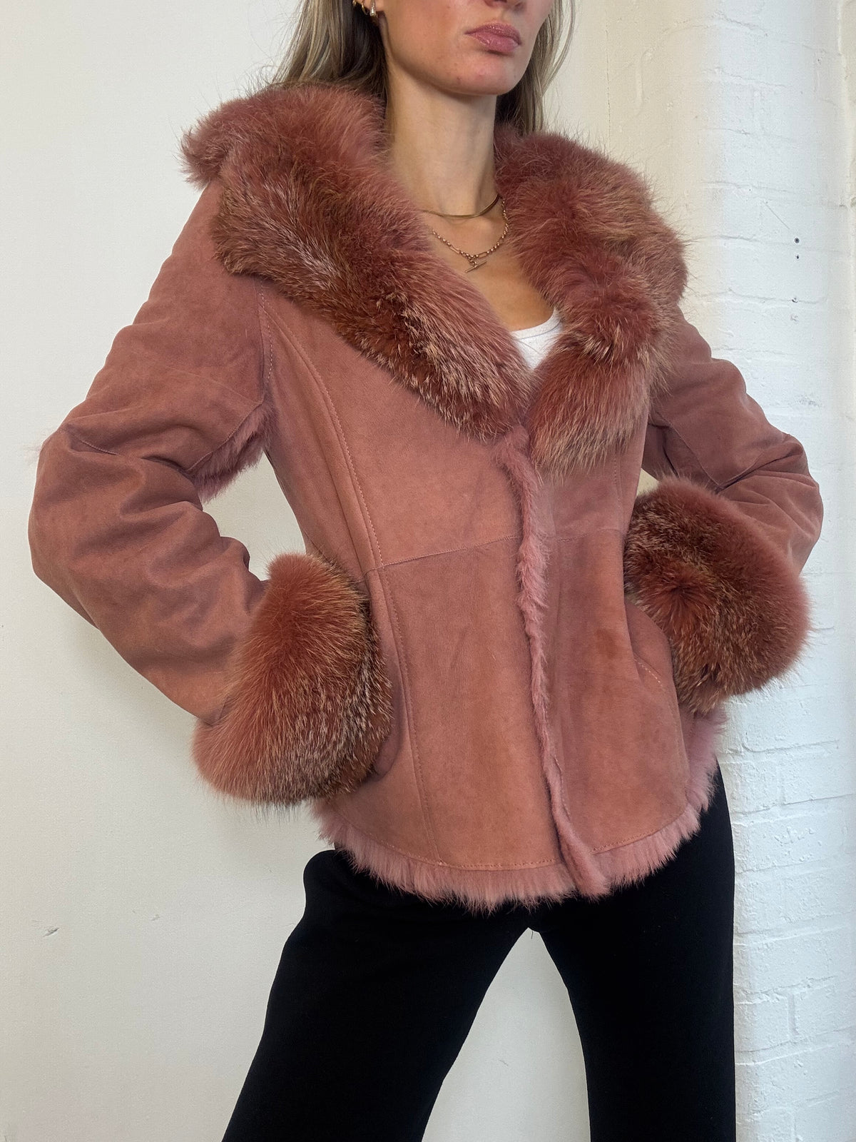 Vintage Y2K Morgan De Toi Dusty Pink Suede Fox Fur Trim Jacket - Size S