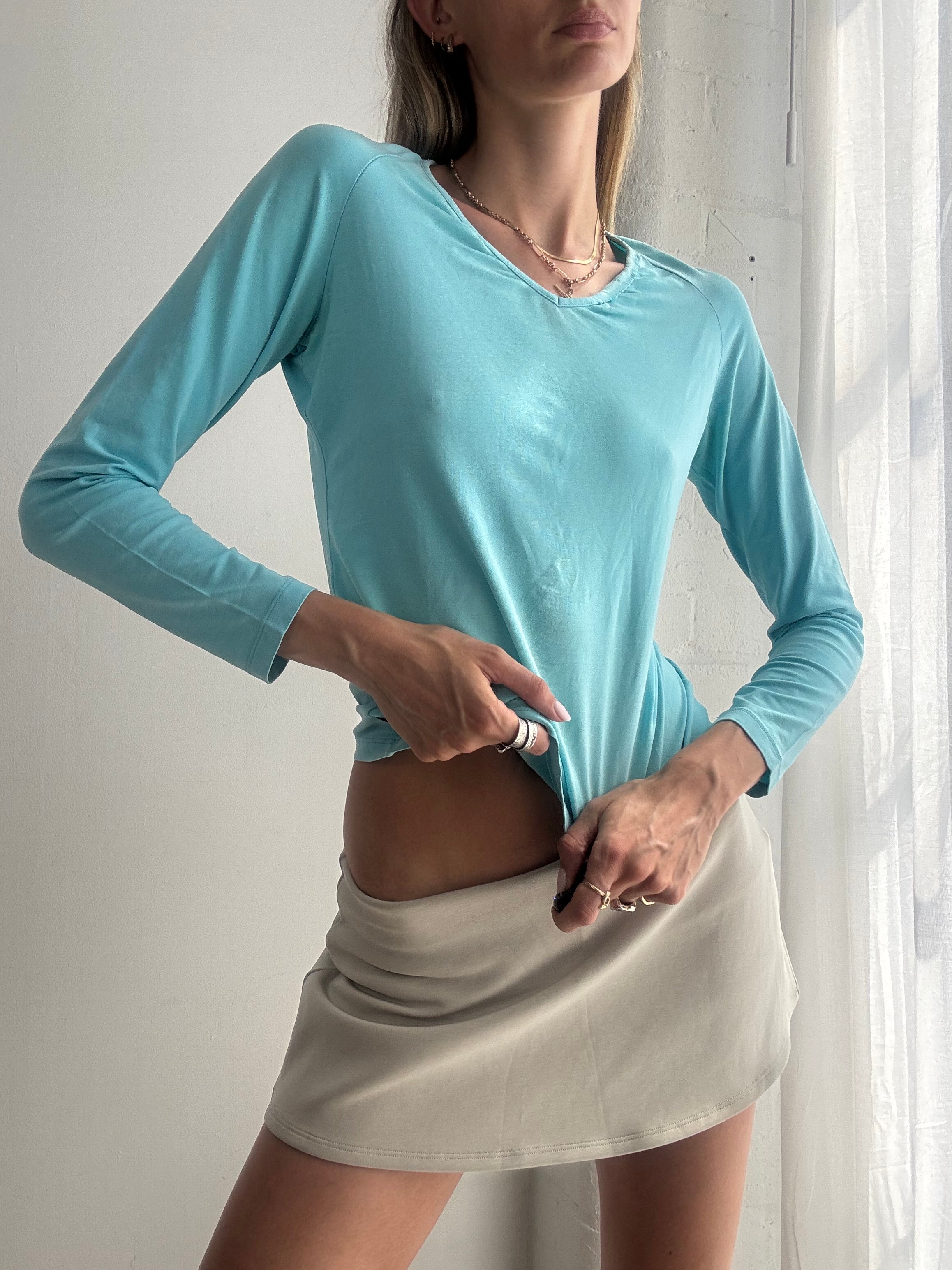 Vintage Y2K Aqua Blue Long Sleeve V neck Top Fairy Grunge Coquette - Size M