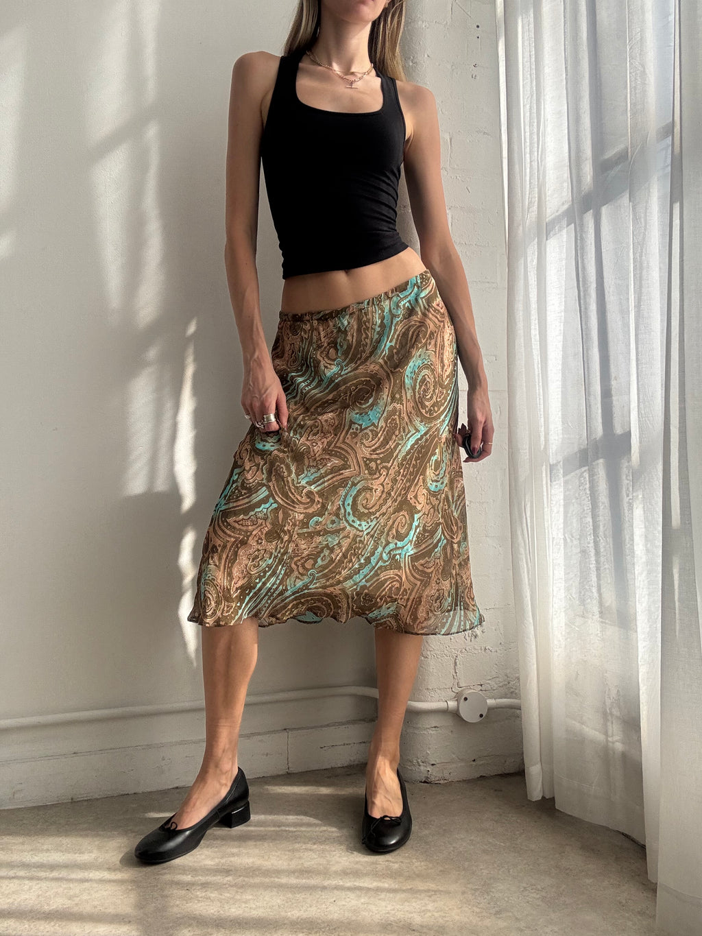 Vintage Y2K paisley print mesh midi skirt brown turquoise boho