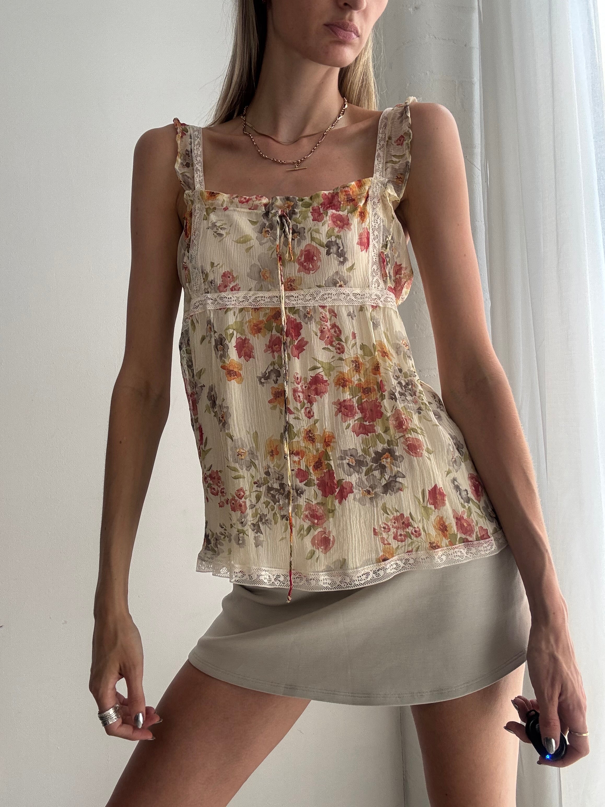 Vintage Y2K Floral Lace Trim Silk Cami Top – Romantic Cottagecore Boho Tank - Size L