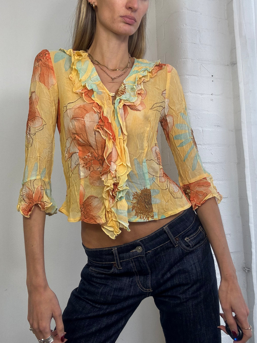 Vintage yellow floral ruffle blouse