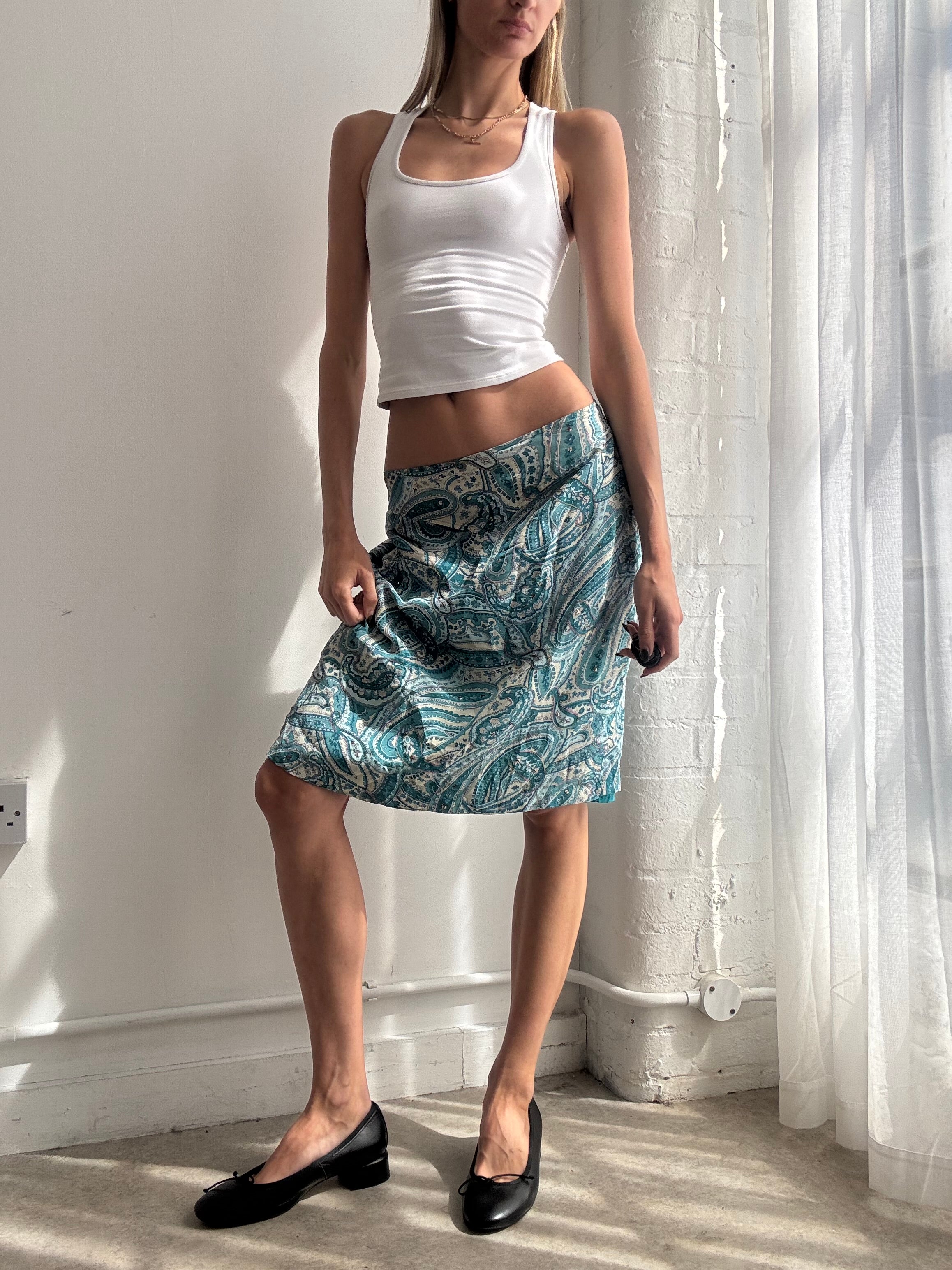 Vintage Y2K blue paisley print silk & sequin midi skirt - Size M