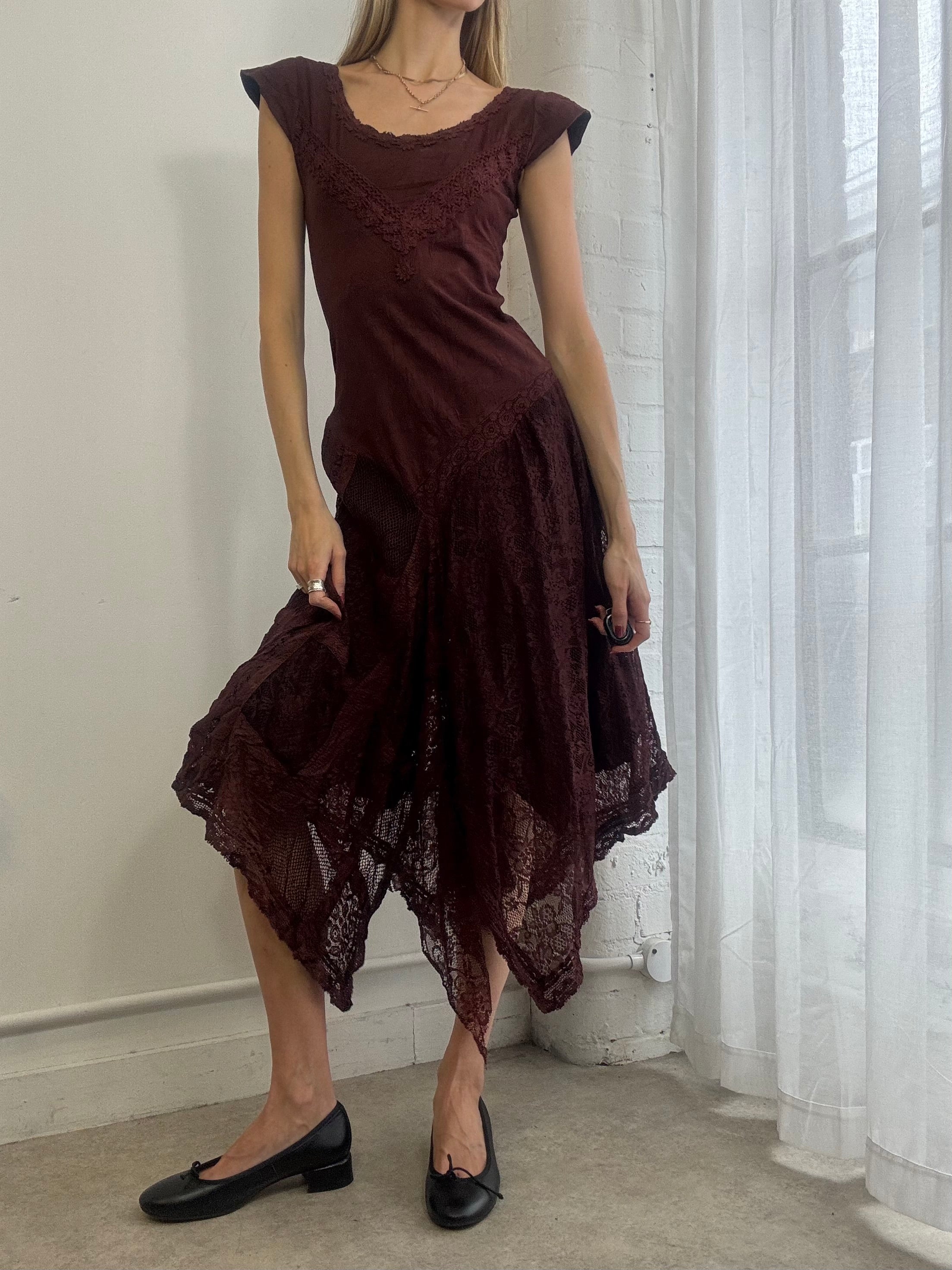 Vintage Y2k Asymmetric Lace Midi Dress Brown Fairy