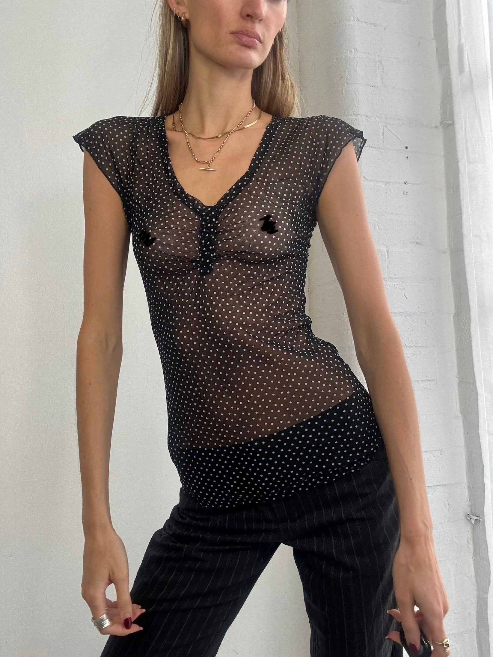 Vintage Y2K sheer mesh polka dot top