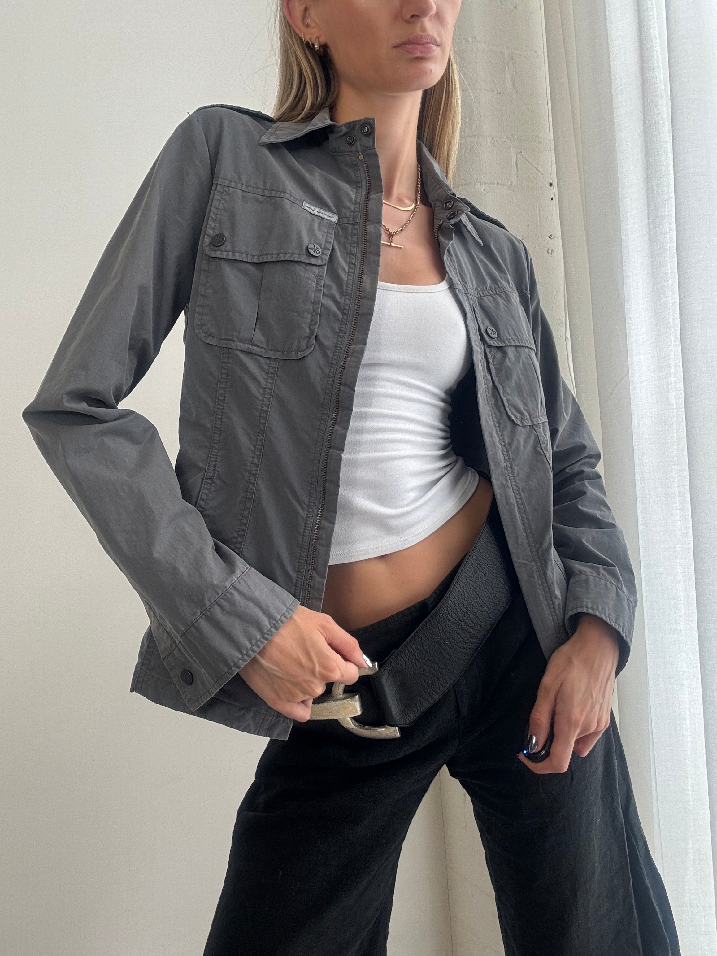 Vintage Y2K Calvin Klein Grey Utility Jacket – Lightweight Military Cargo Shirt Jacket - Size S