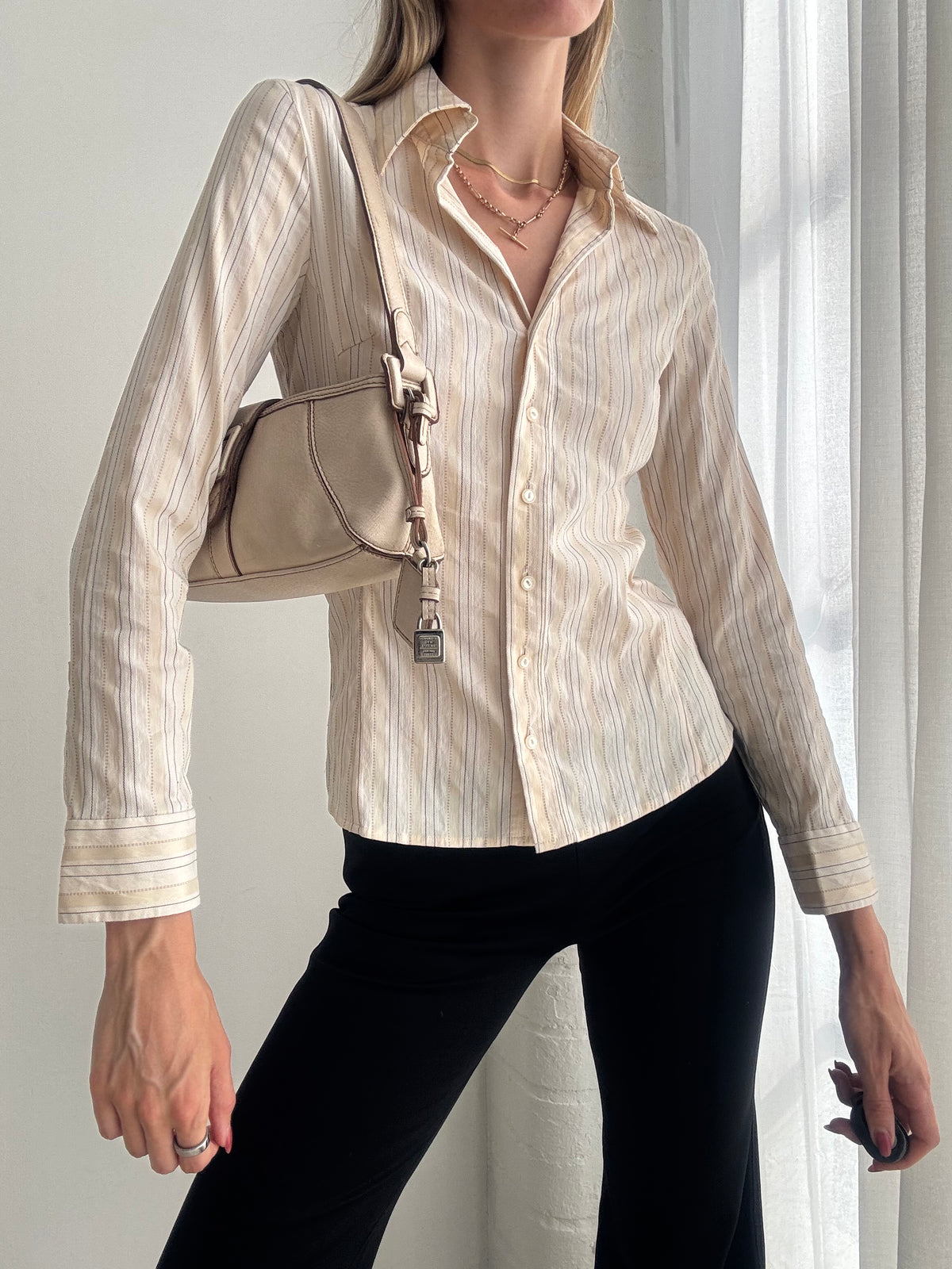 Vintage Y2K Cream Striped Fitted Button Up Shirt - Size S
