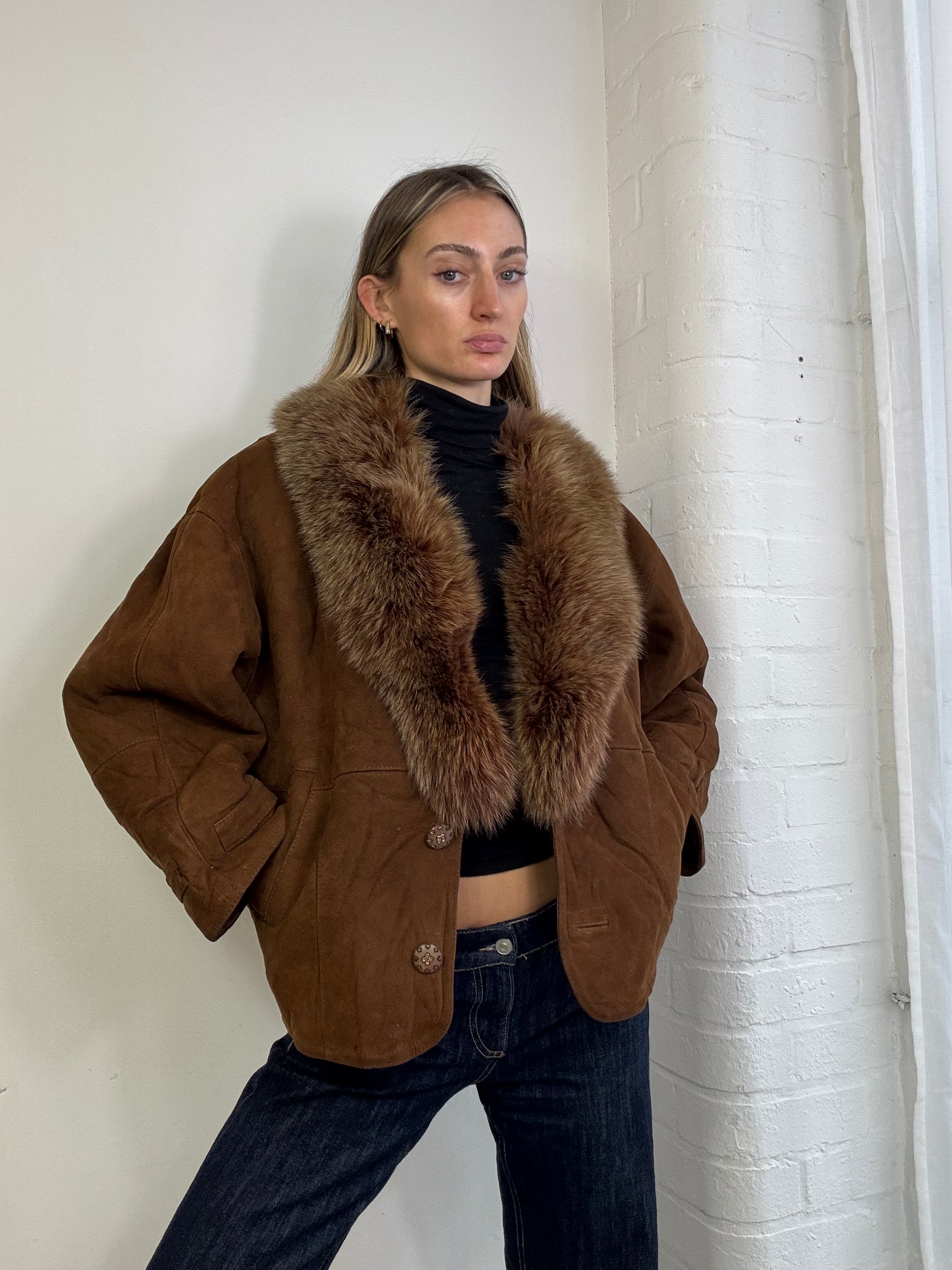 Vintage 90s sheepskin coat brown
