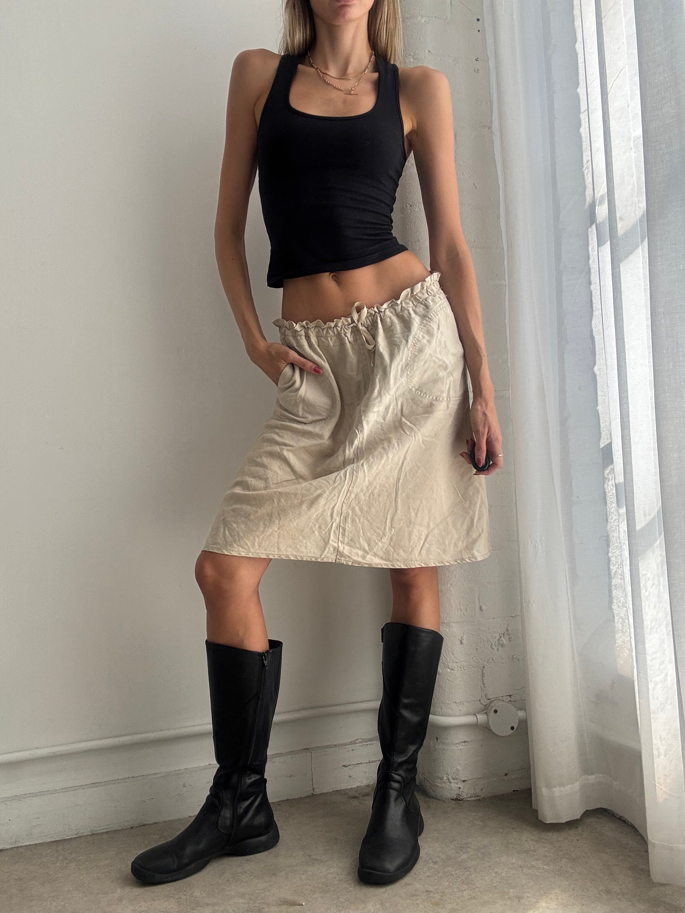 Vintage Y2K cream linen midi skirt - Size XS-M