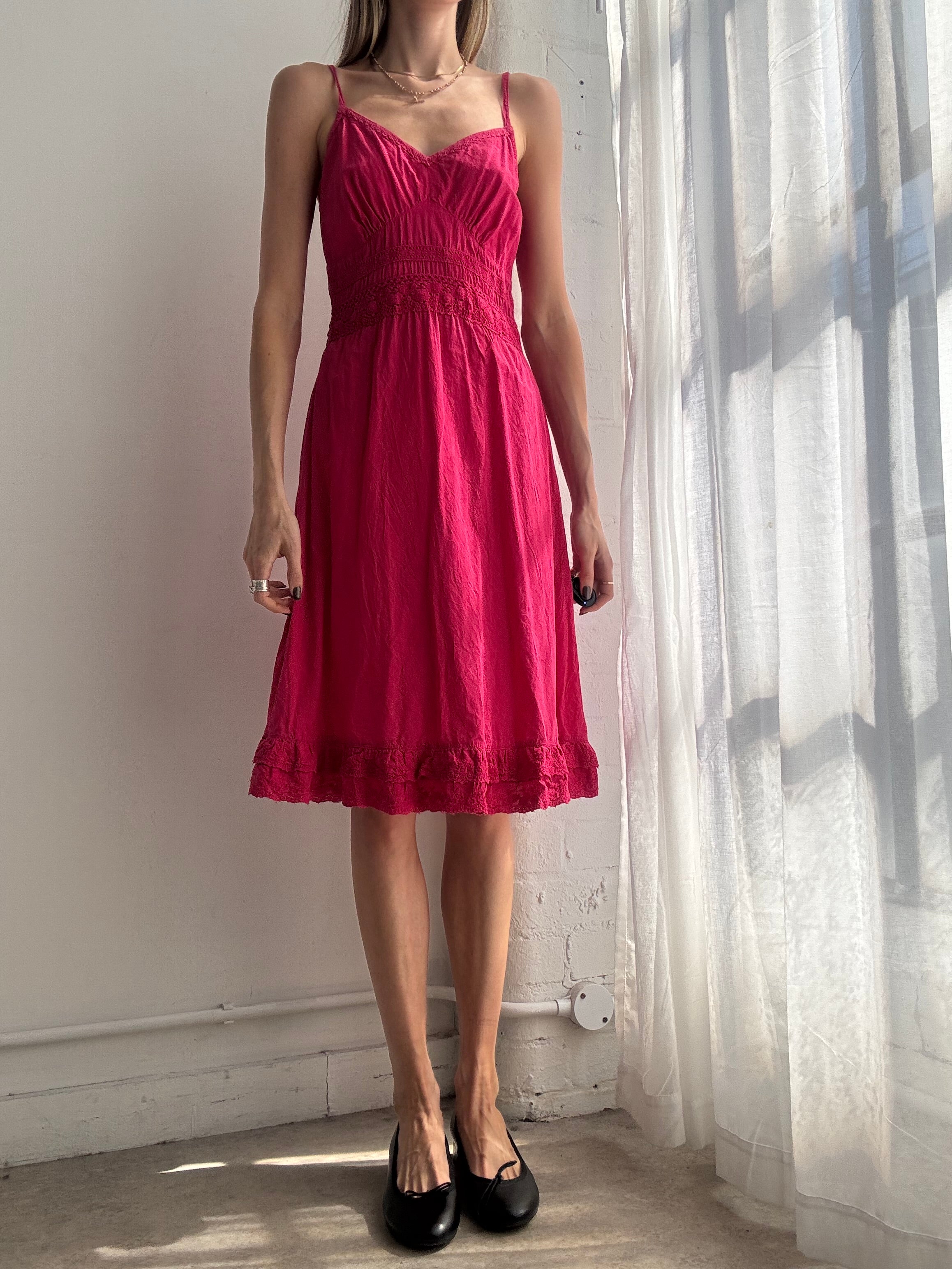 Vintage Y2K raspberry pink cotton midi dress - Size S