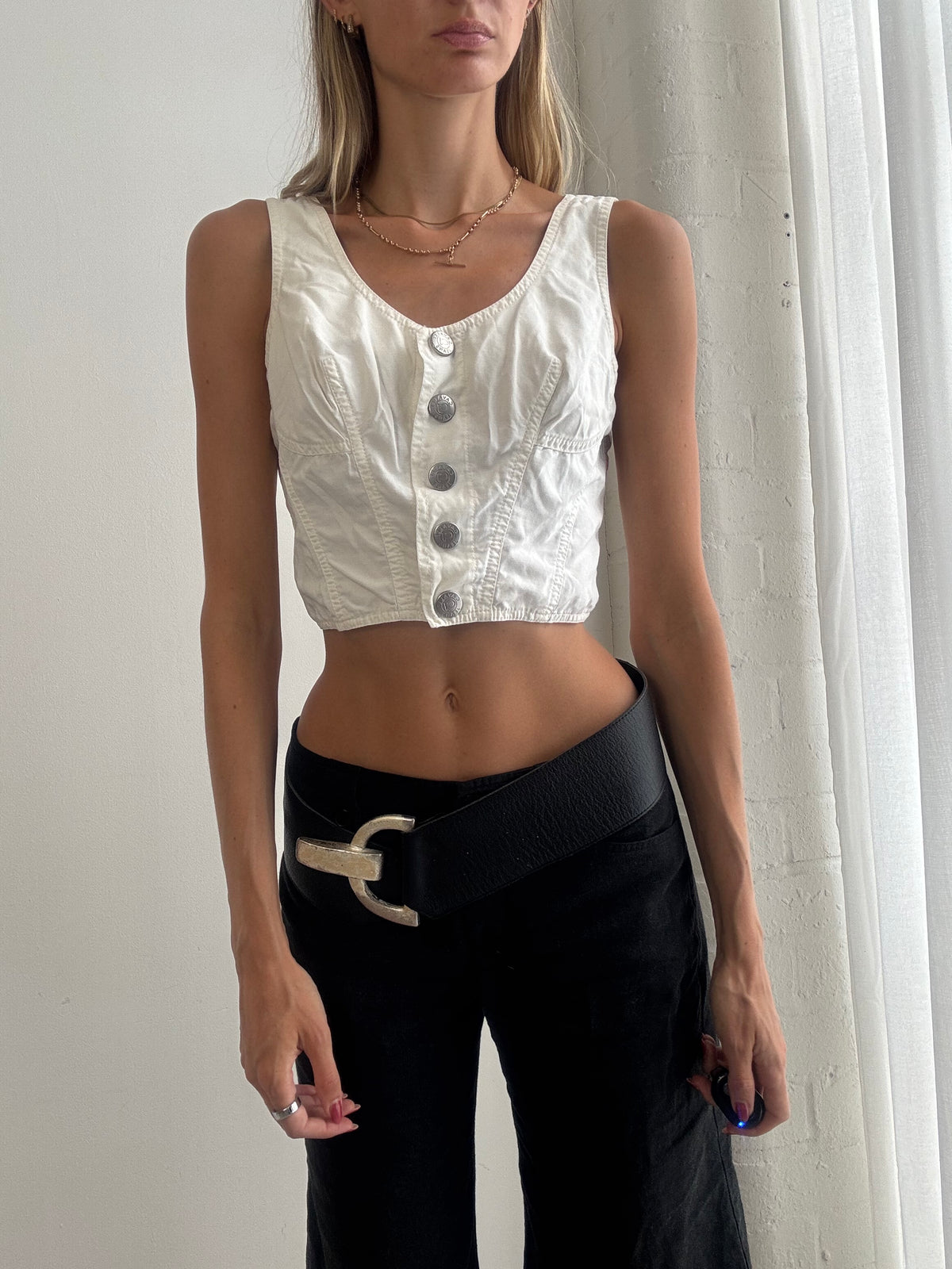 Vintage Y2K Cavalli Jeans White Button Up Corset Top – Size XS/S